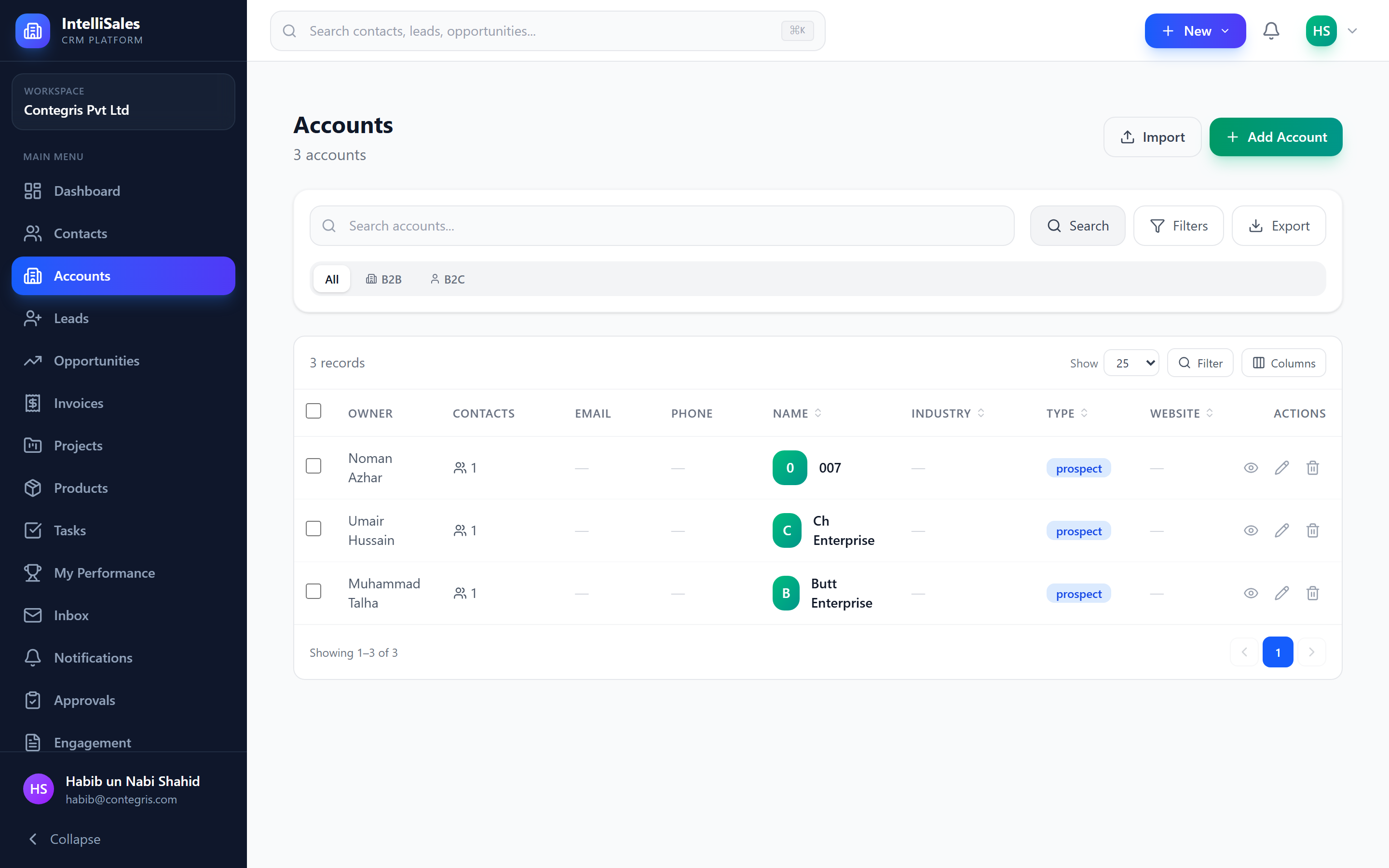 Screenshot: Accounts module list view showing organization records