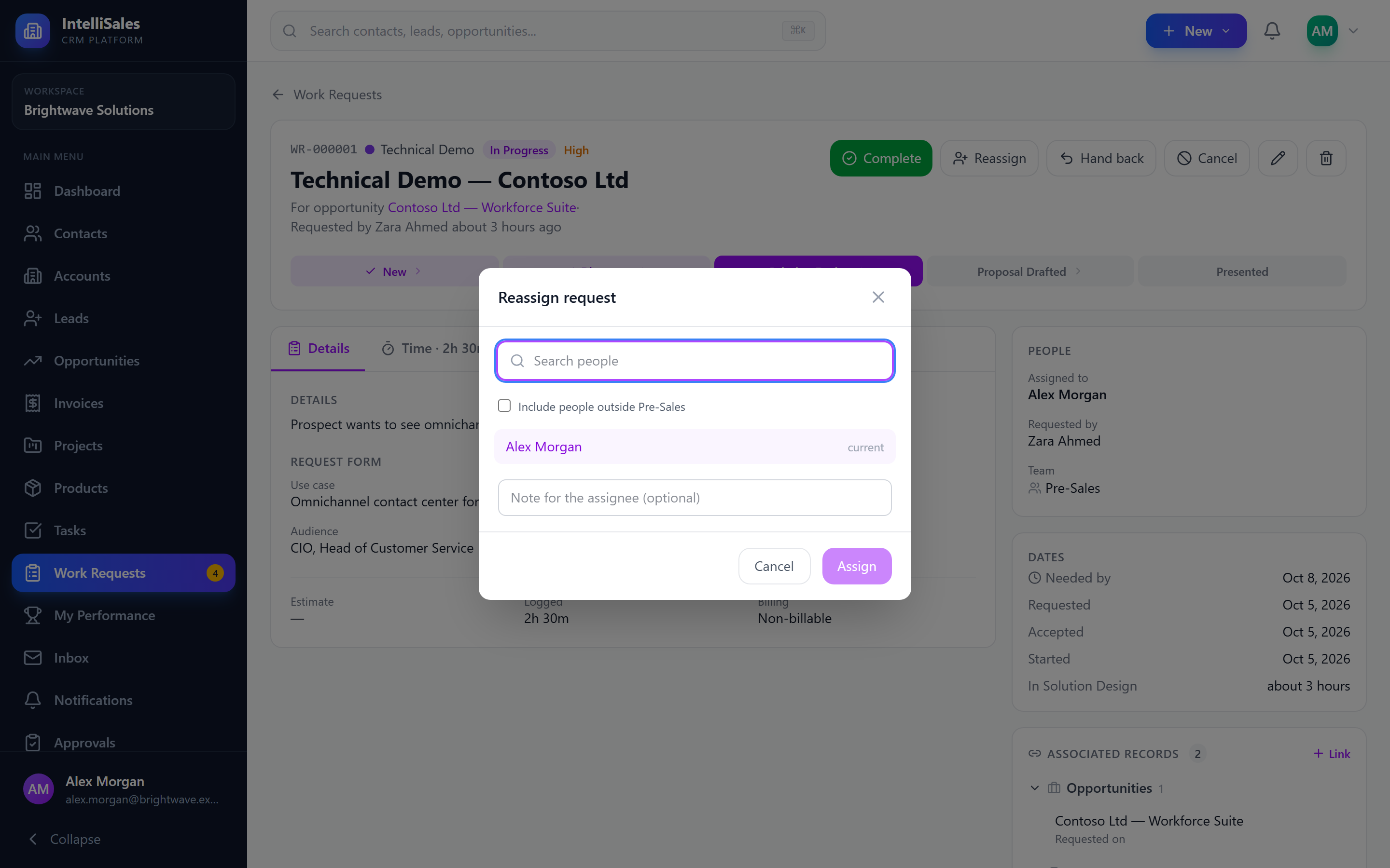 Screenshot: Assign request dialog with a people search and team filter
