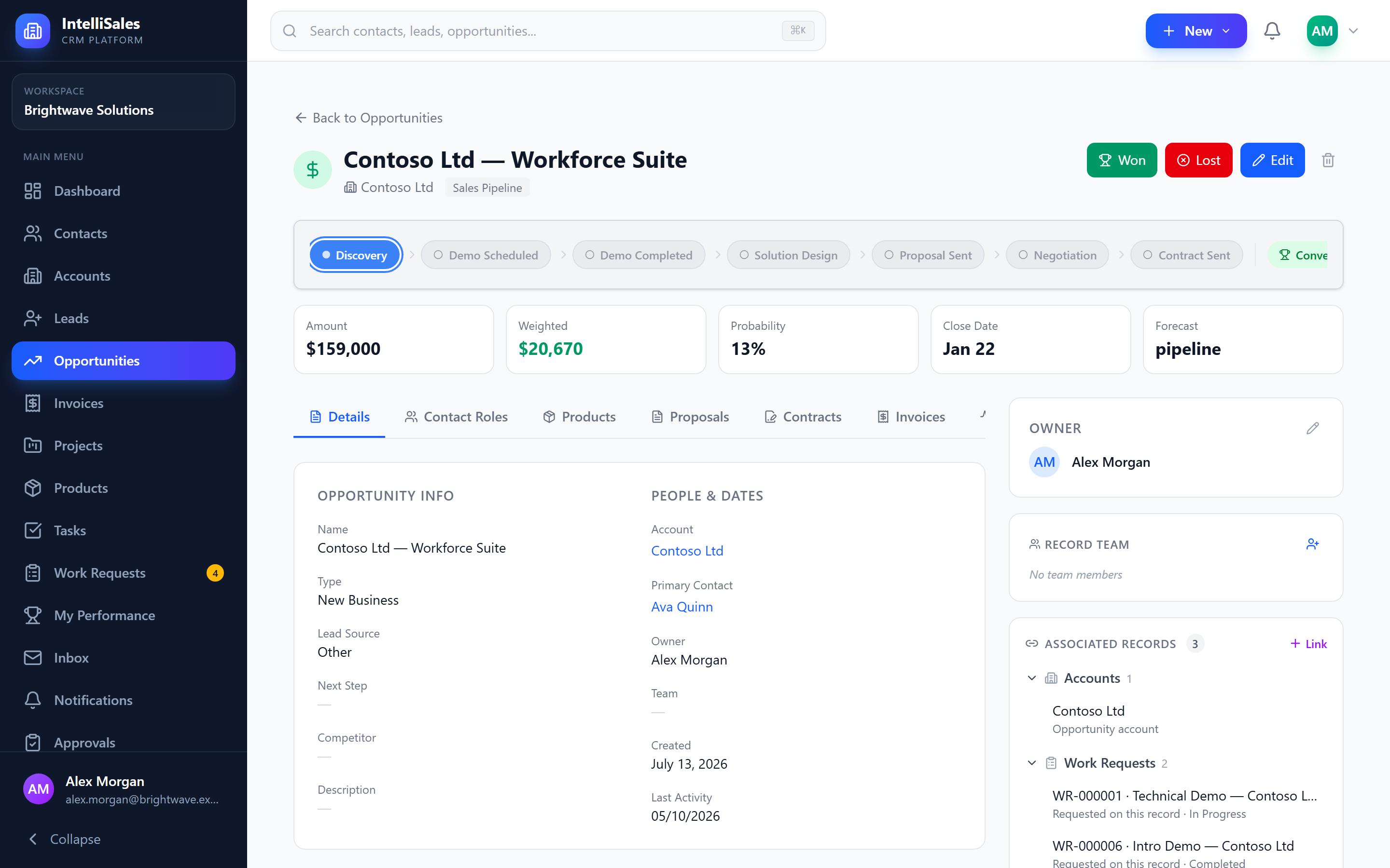 Screenshot: Associated Records panel on an opportunity, grouped into Accounts, Contacts, Tasks and Work Requests with "via" notes