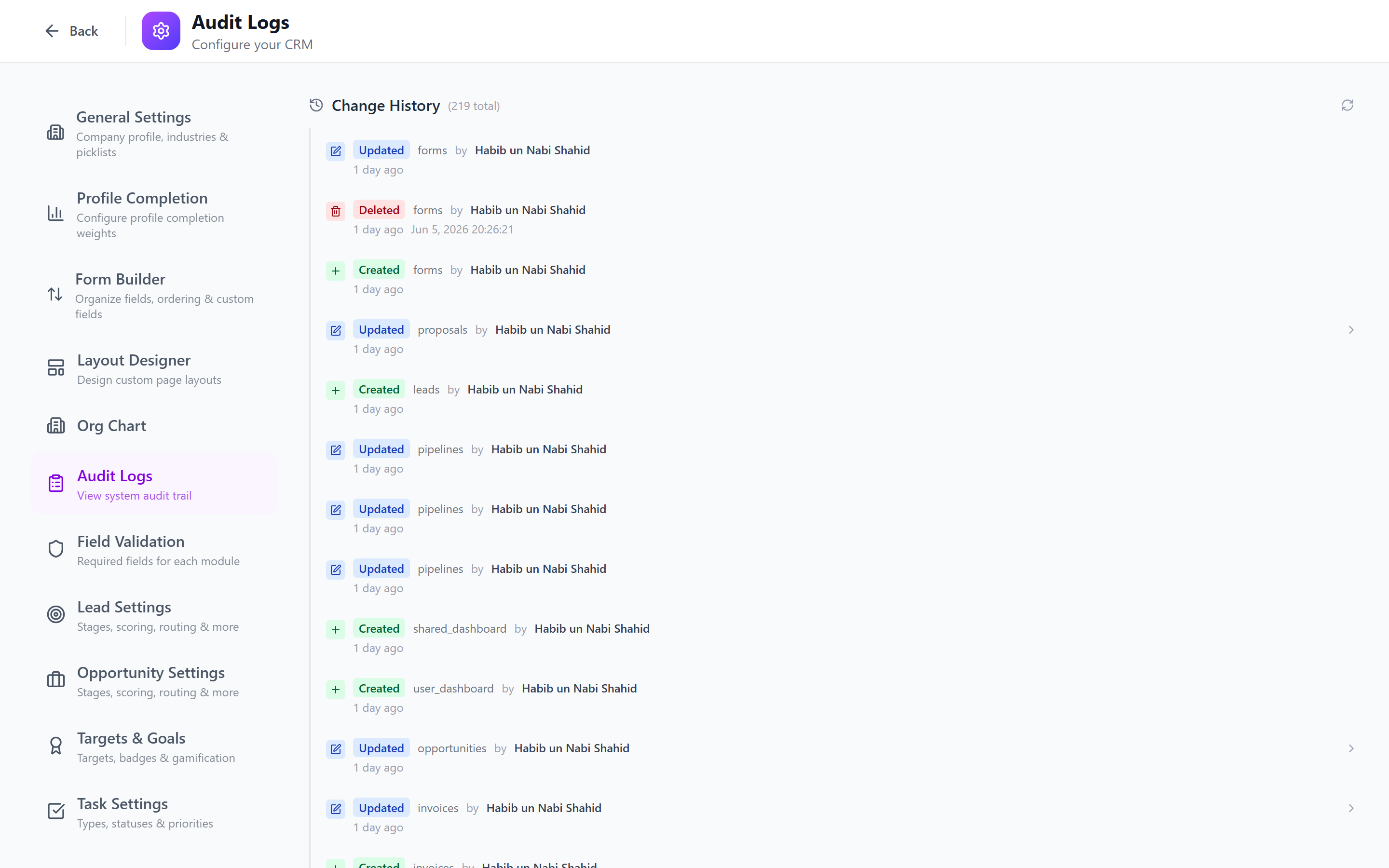 Screenshot: Audit log detail view showing changes