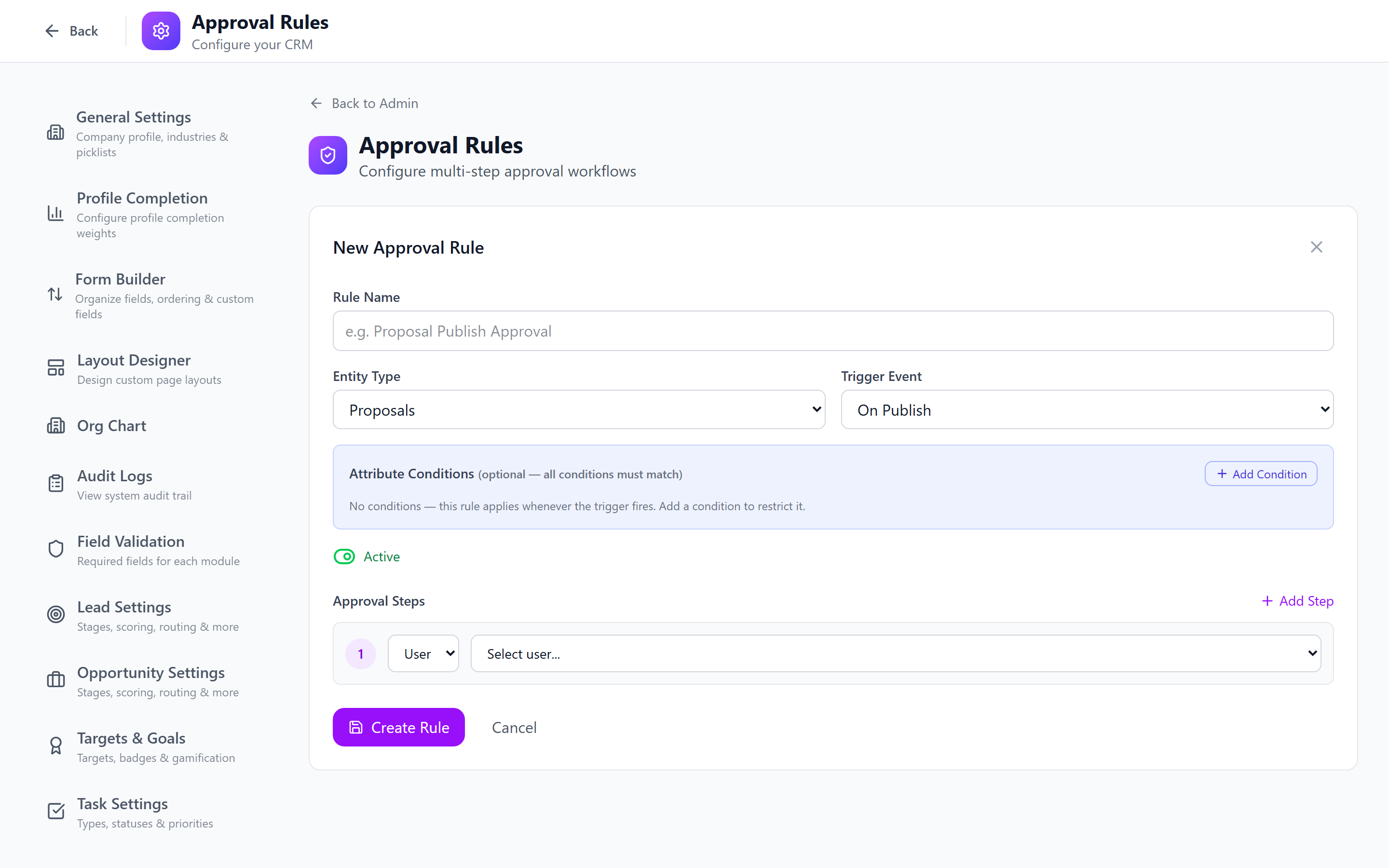 Screenshot: Create approval rule form