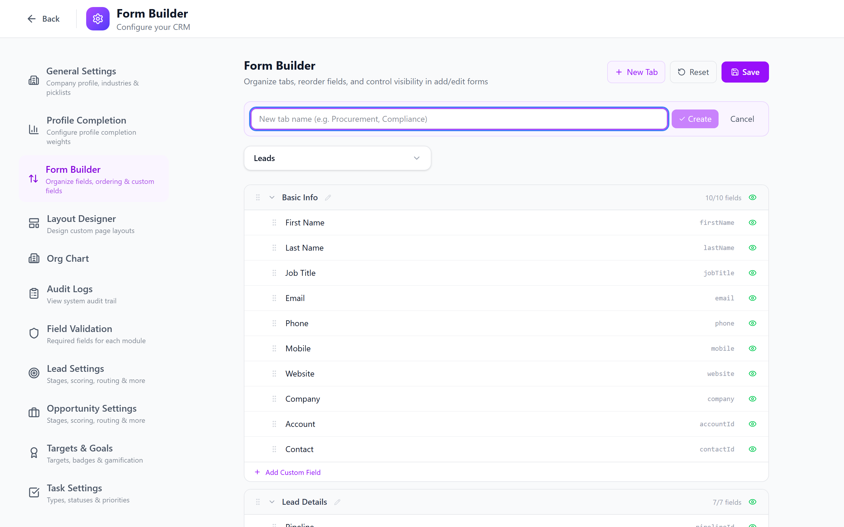 Screenshot: Create custom tab dialog