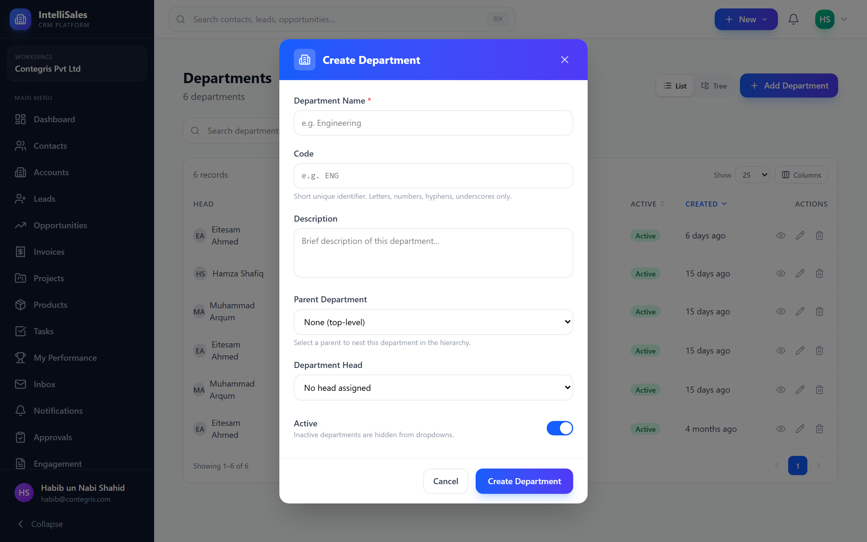 Screenshot: Create department form