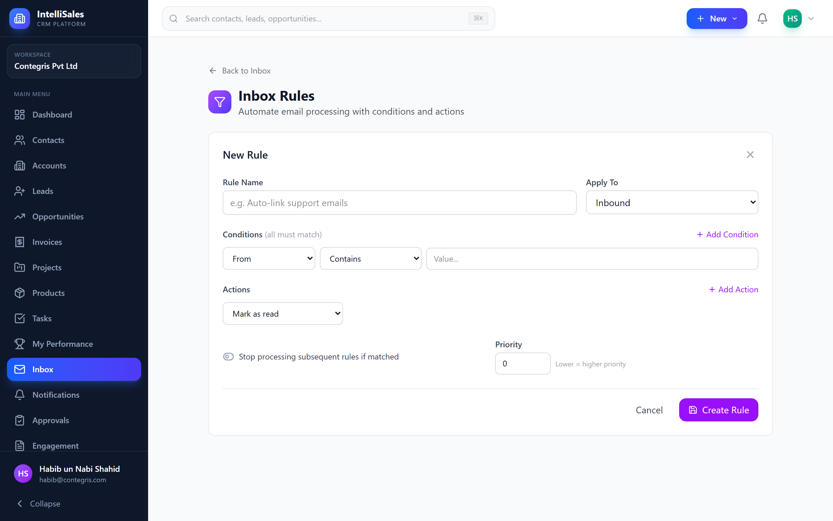 Screenshot: Email rule creation form with condition and action fields