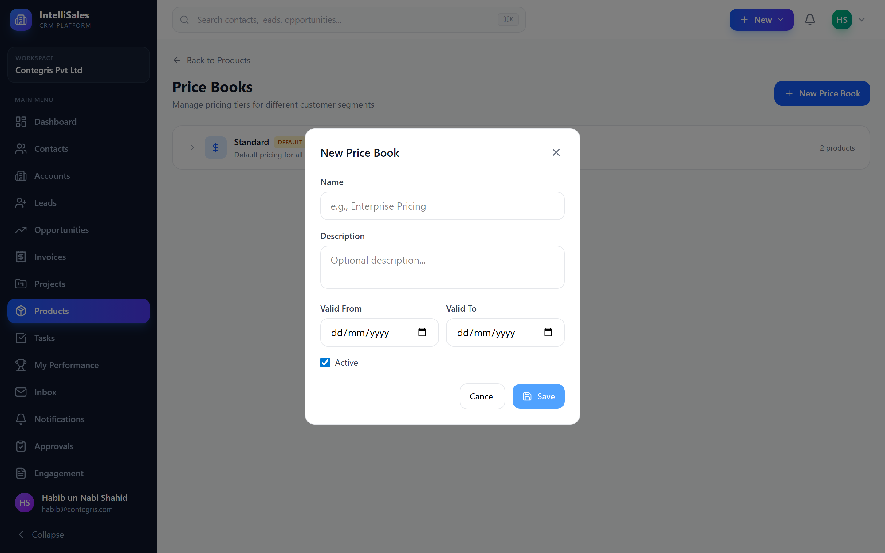 Screenshot: New price book creation form with name, currency, and date fields