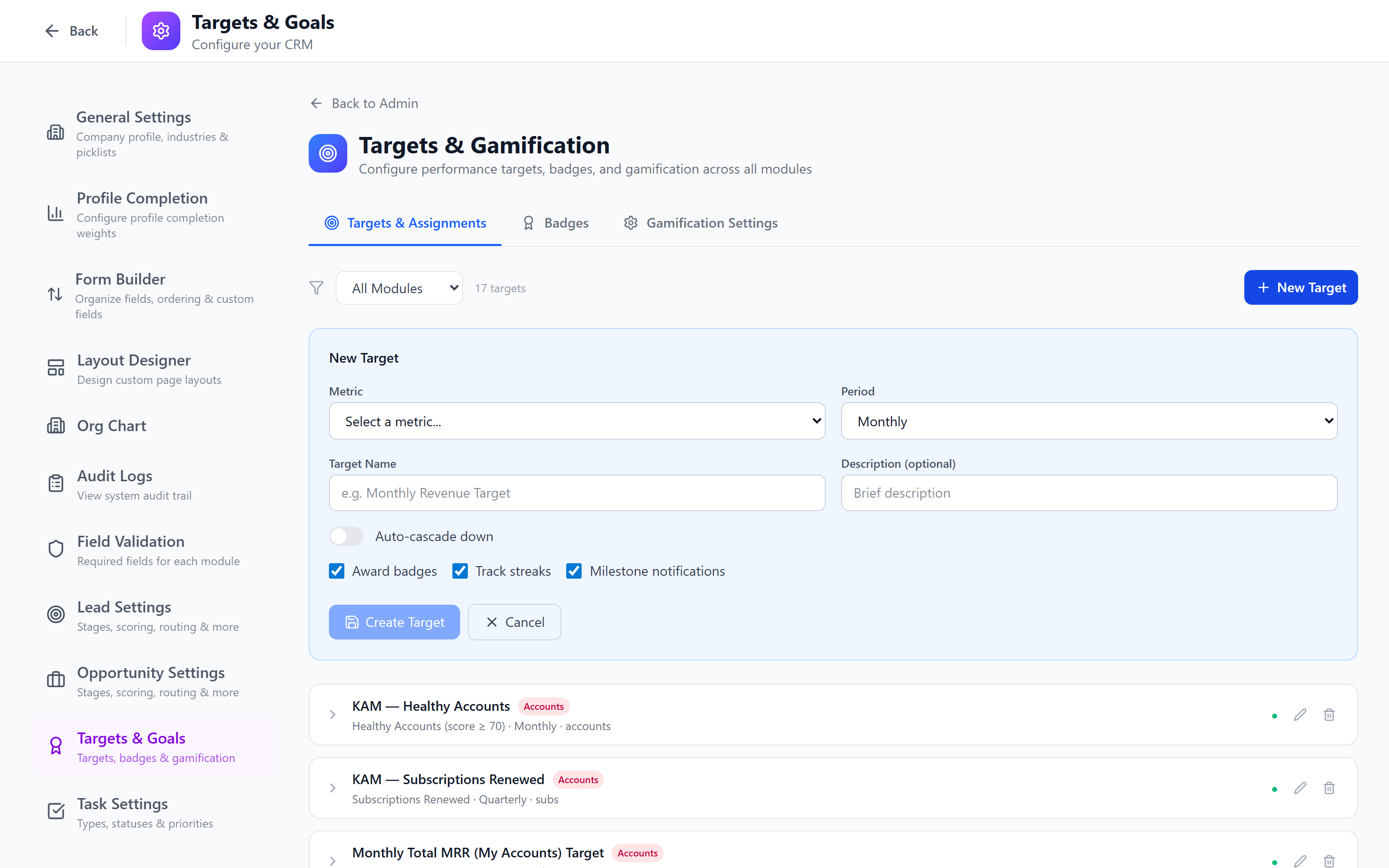 Screenshot: Create target form