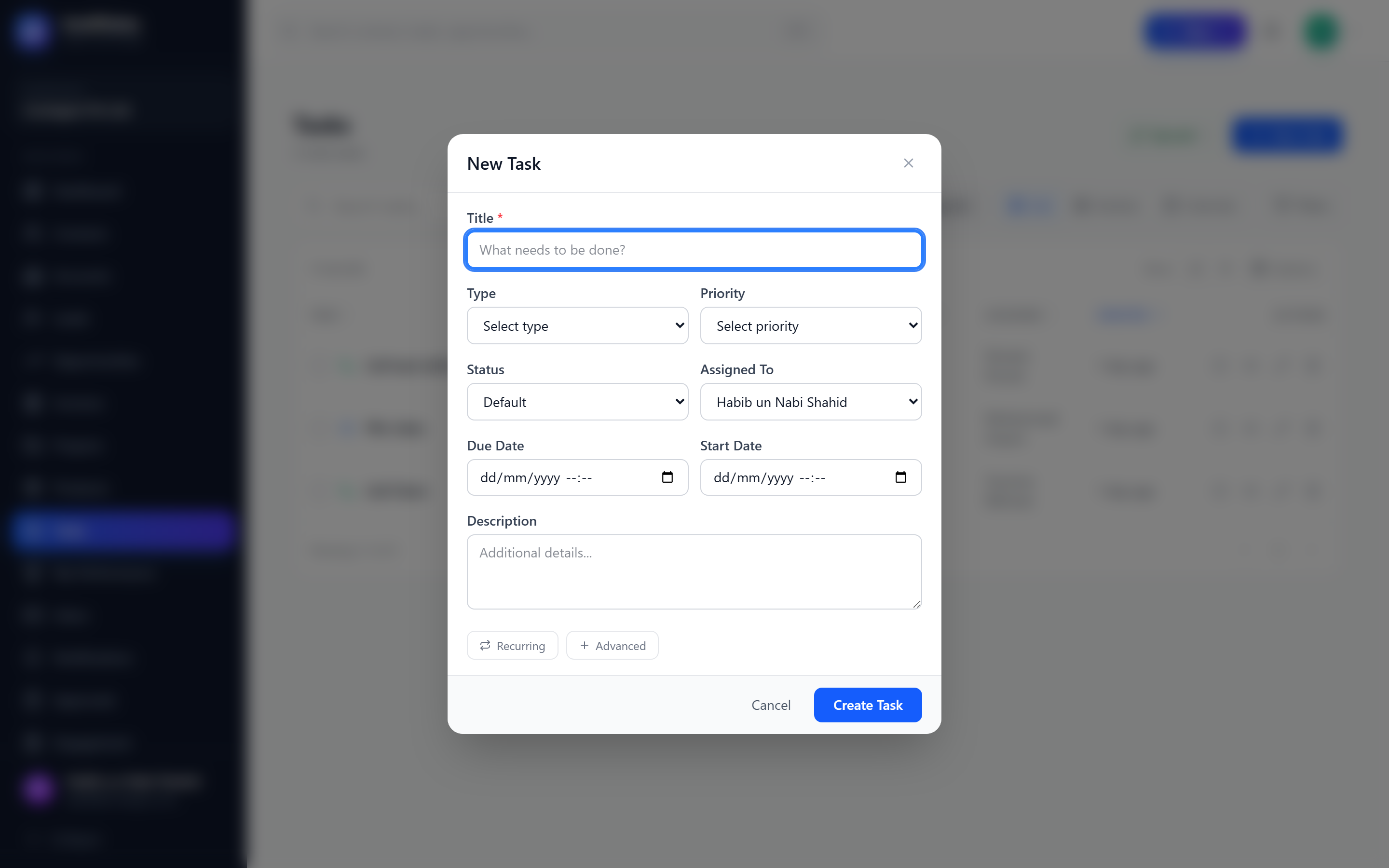 Screenshot: New task creation form with type, priority, assignee, and due date fields