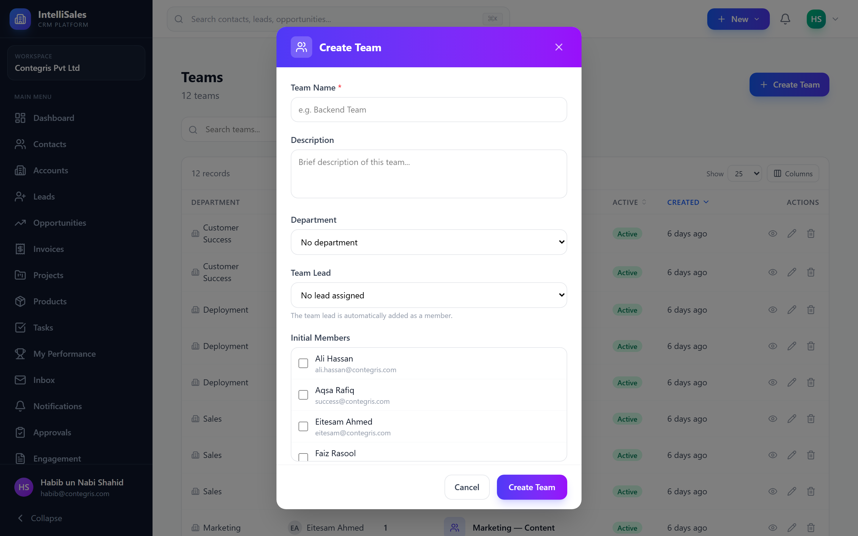 Screenshot: Create team form