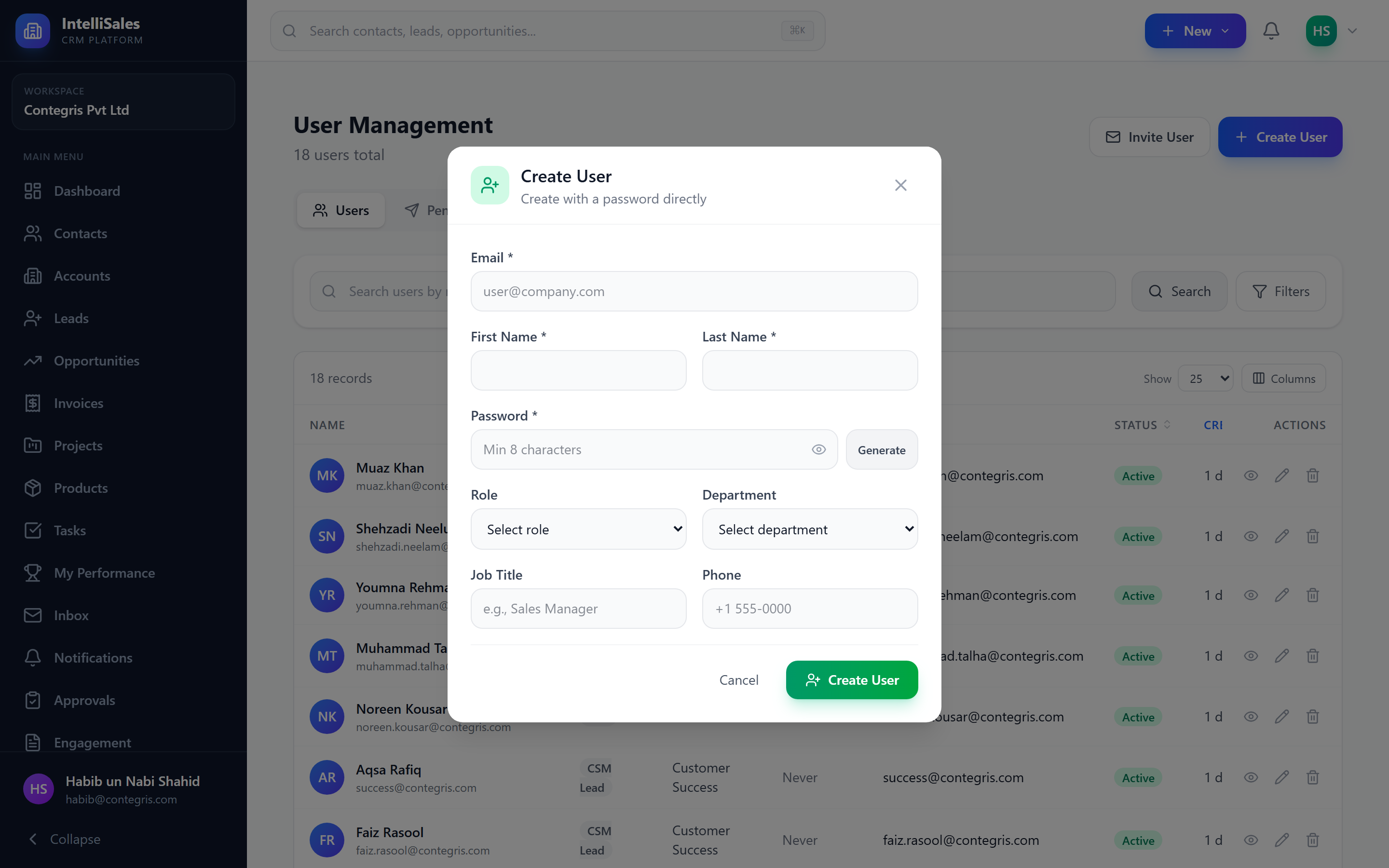 Screenshot: Create user form