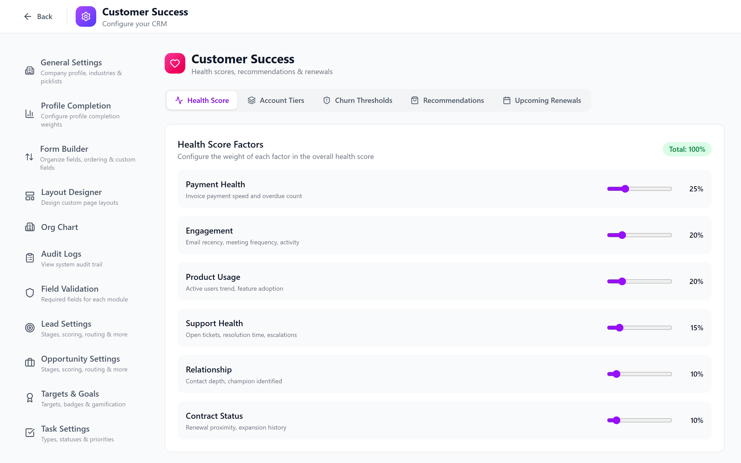 Screenshot: Customer Success settings page with three tabs