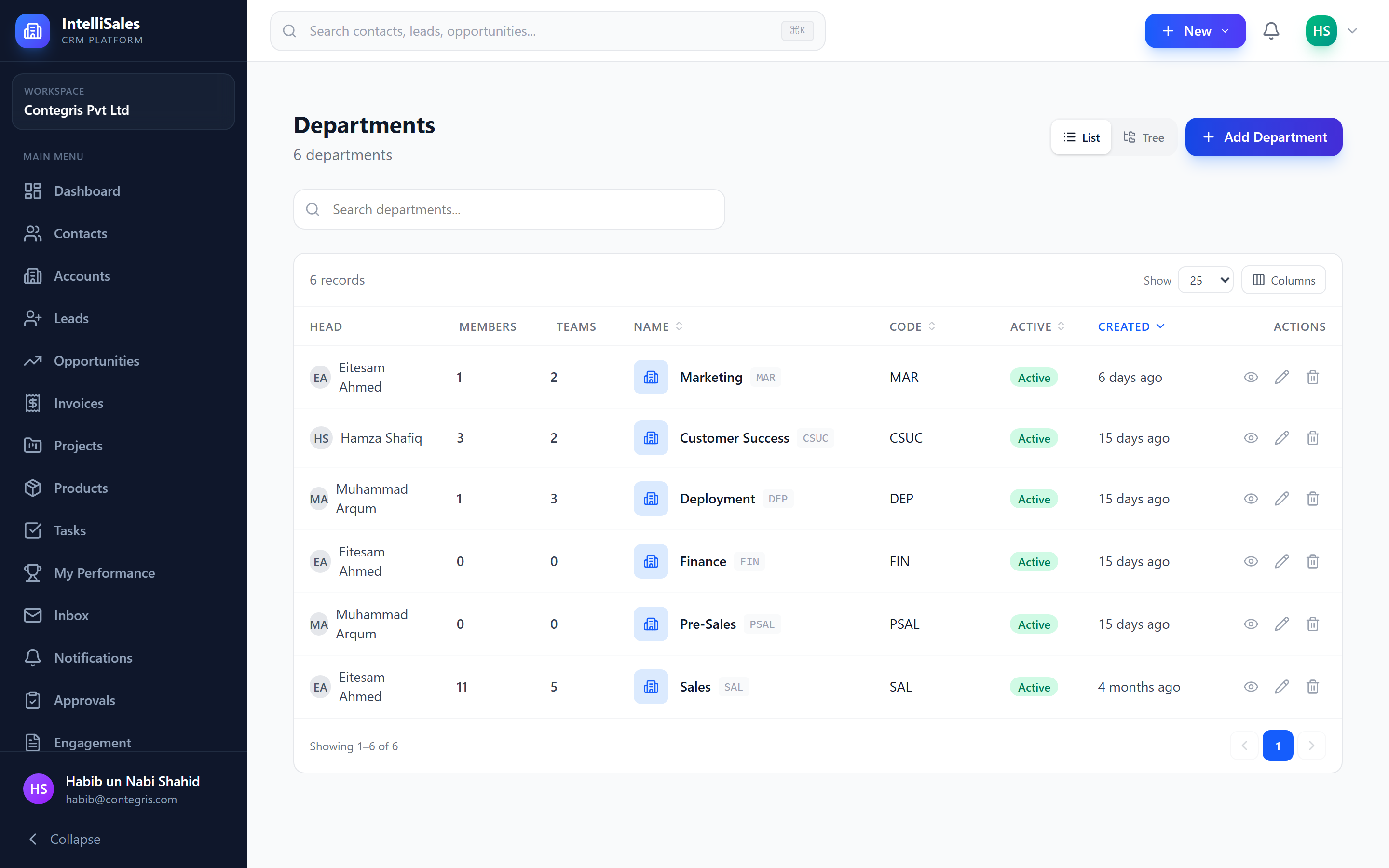 Screenshot: Departments management page