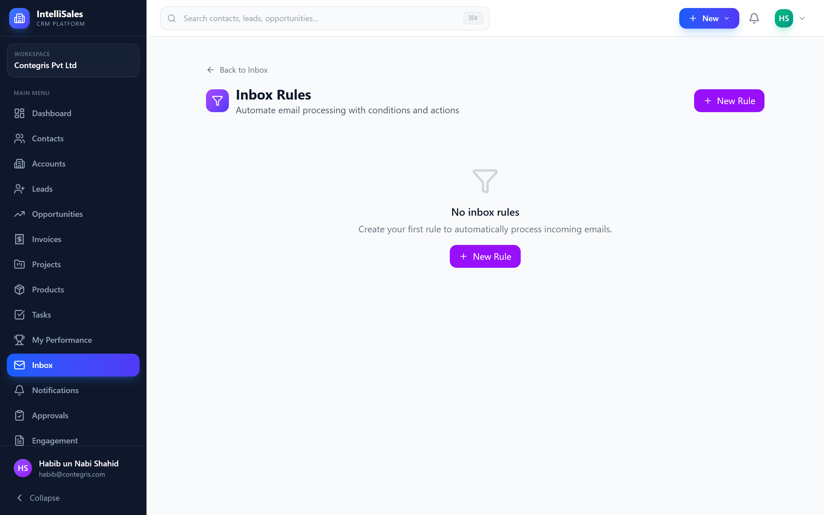 Screenshot: Email rules list showing enabled and disabled rules with drag handles for reordering