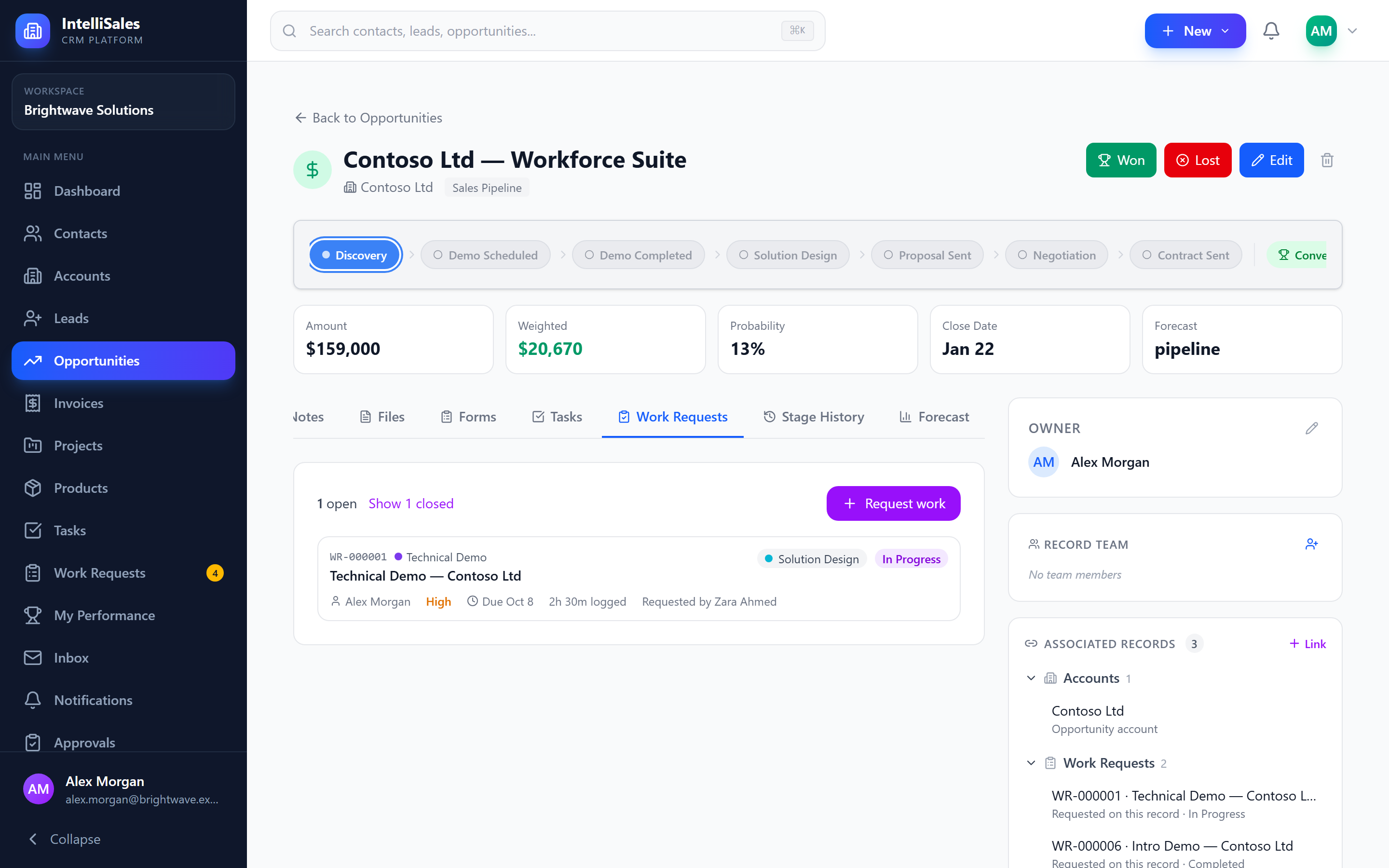 Screenshot: Work Requests tab on an opportunity showing open requests with type, stage, status, assignee and due date
