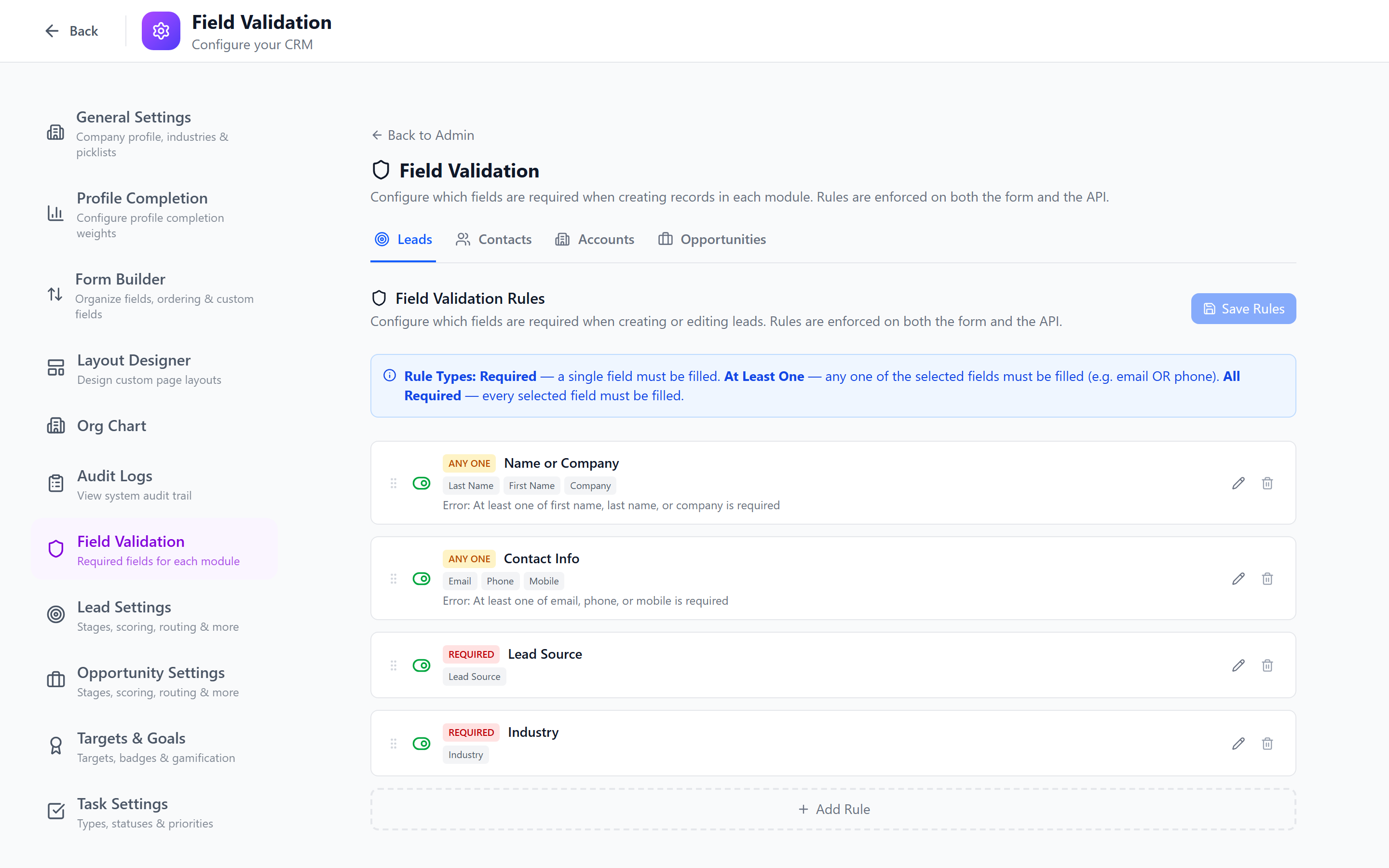 Screenshot: Required field toggles