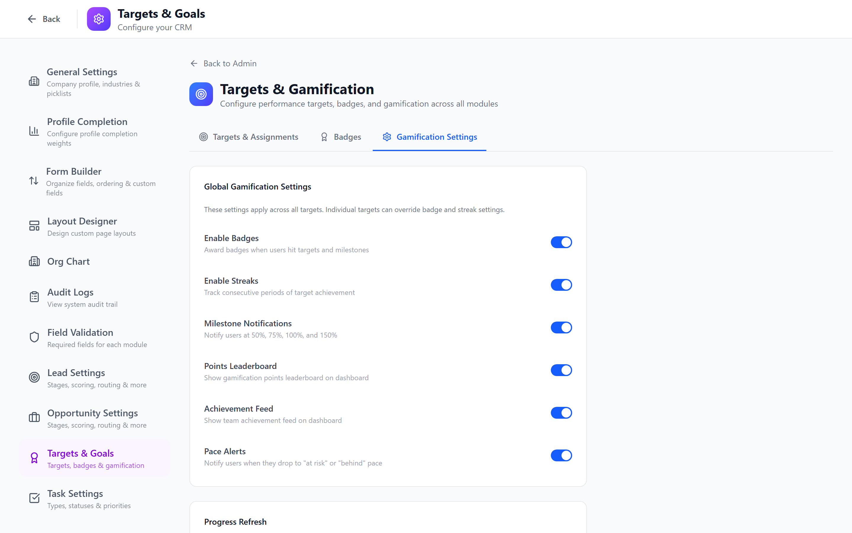 Screenshot: Gamification settings page