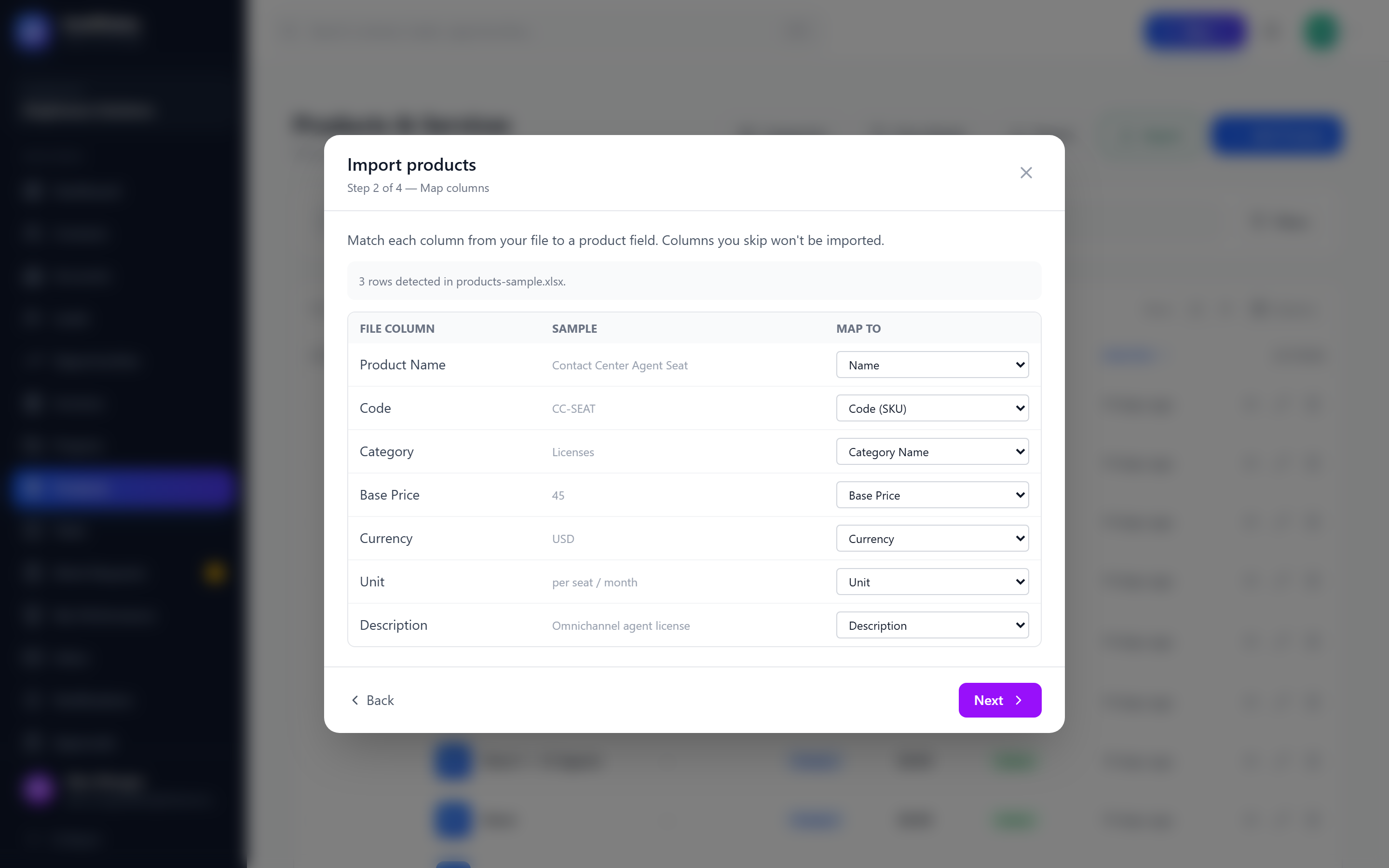 Screenshot: Product import column mapping table with sample values