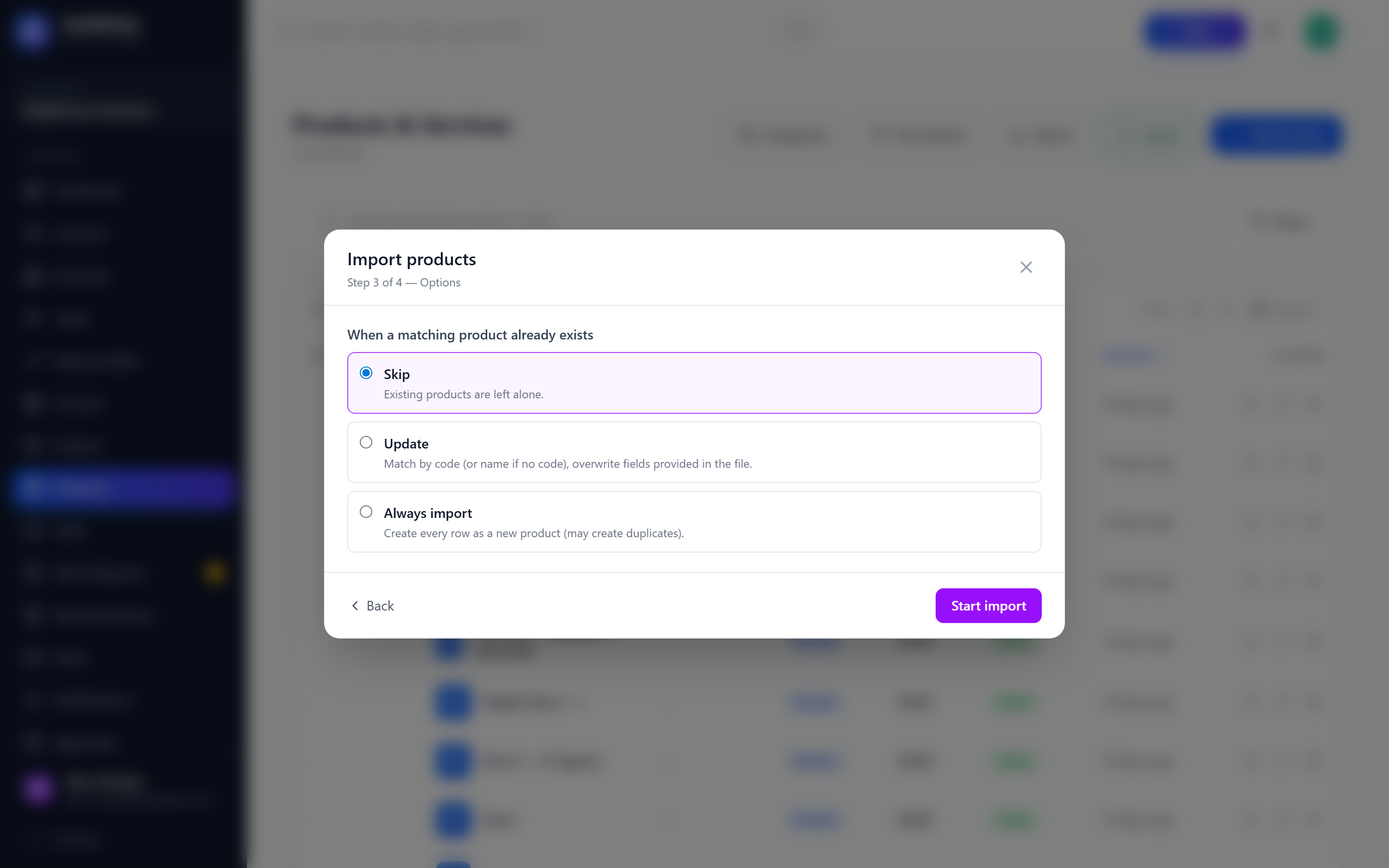 Screenshot: Product import options step — Skip, Update or Always import when a matching product exists