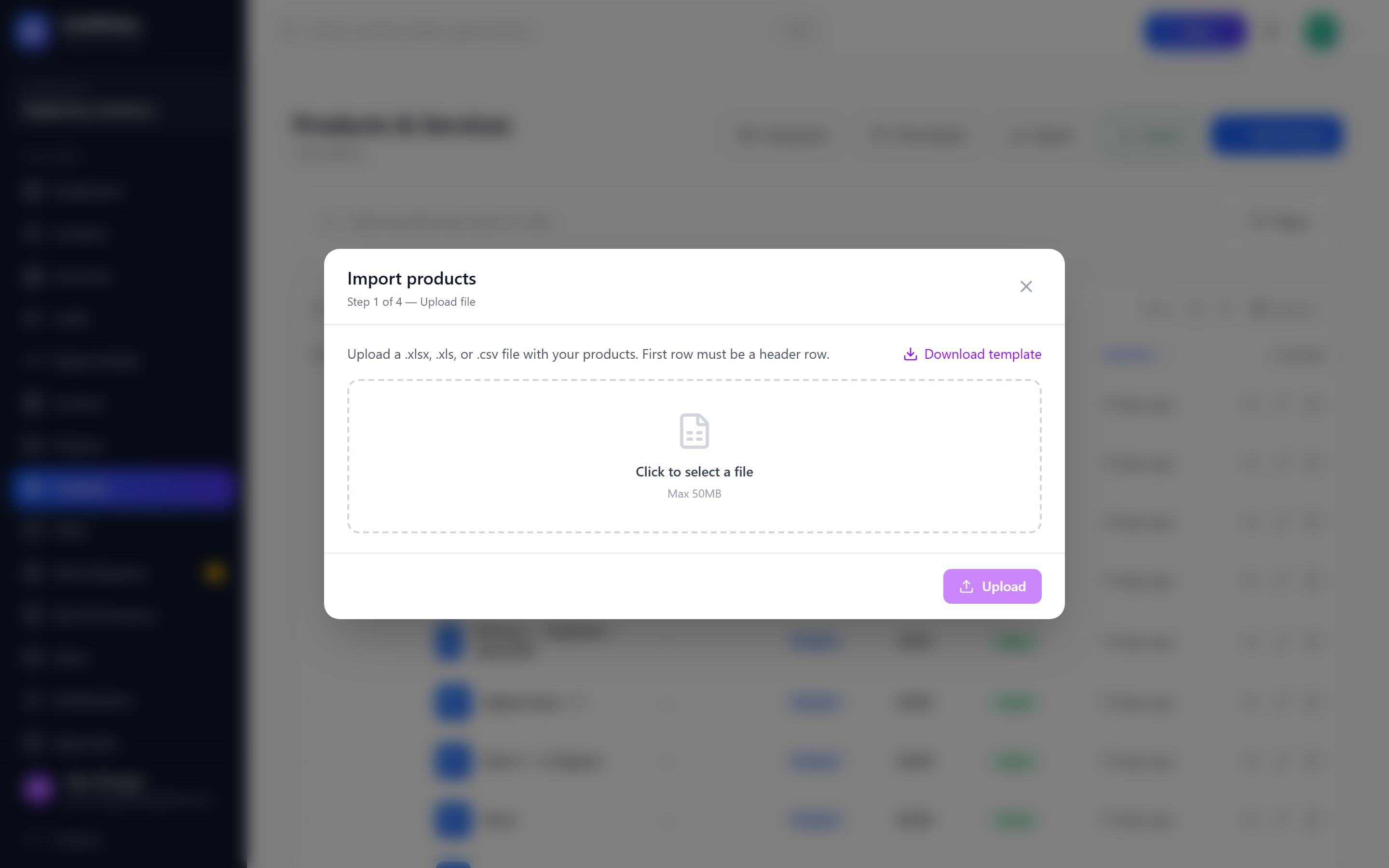 Screenshot: Import products wizard on the upload step with Download template link
