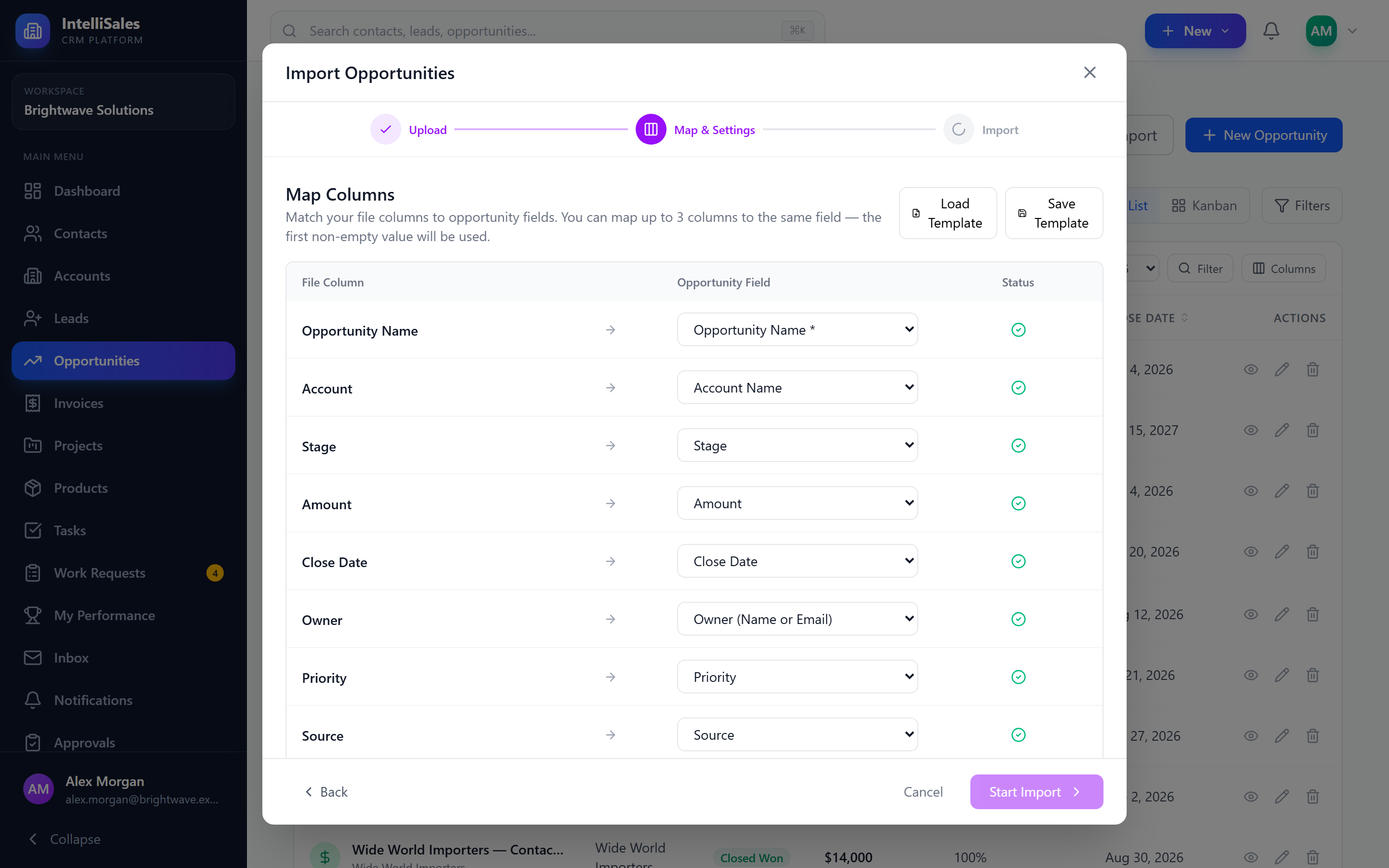 Screenshot: Opportunity import mapping step with file columns, field dropdowns, and import settings