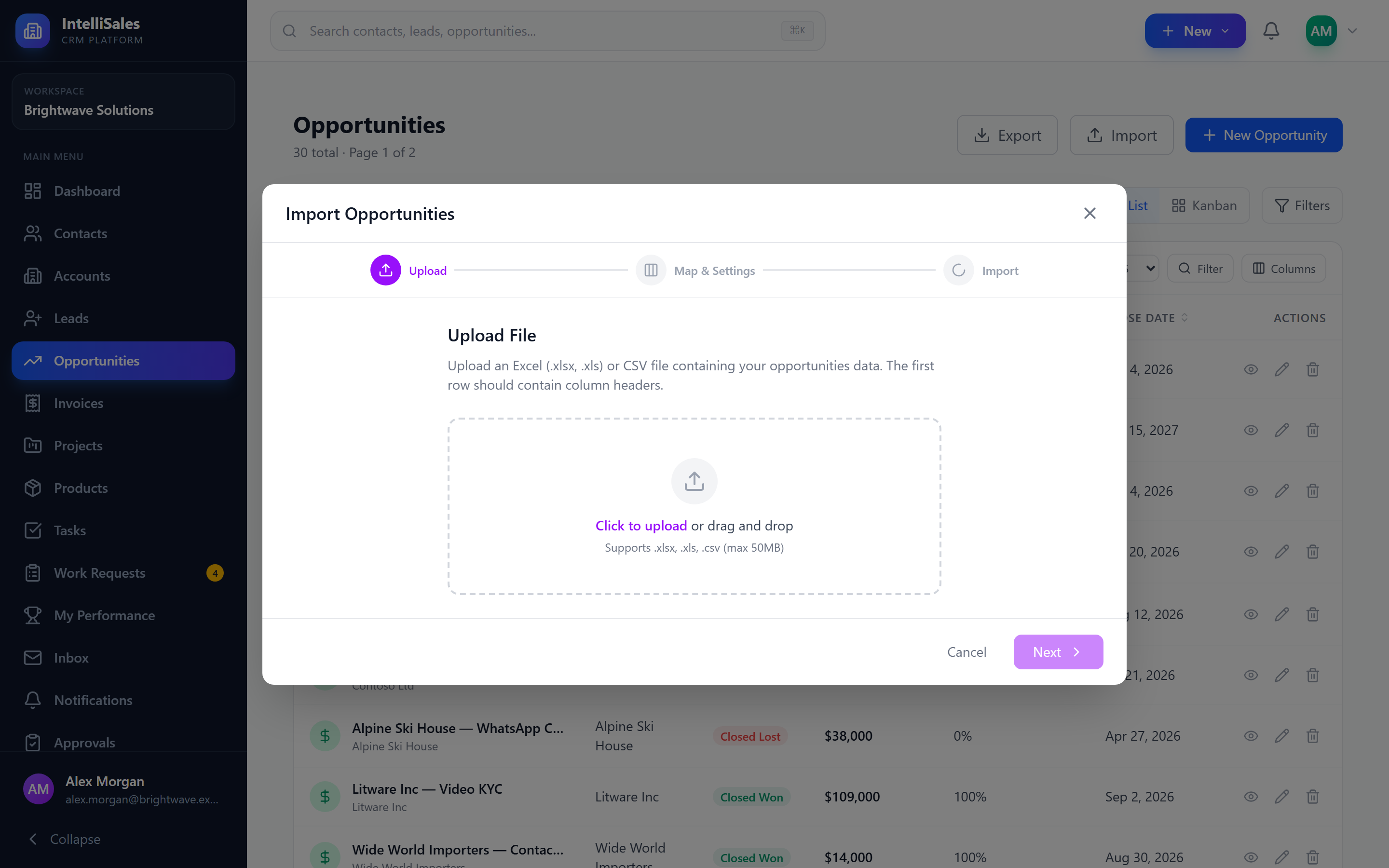 Screenshot: Opportunity import wizard on the upload step