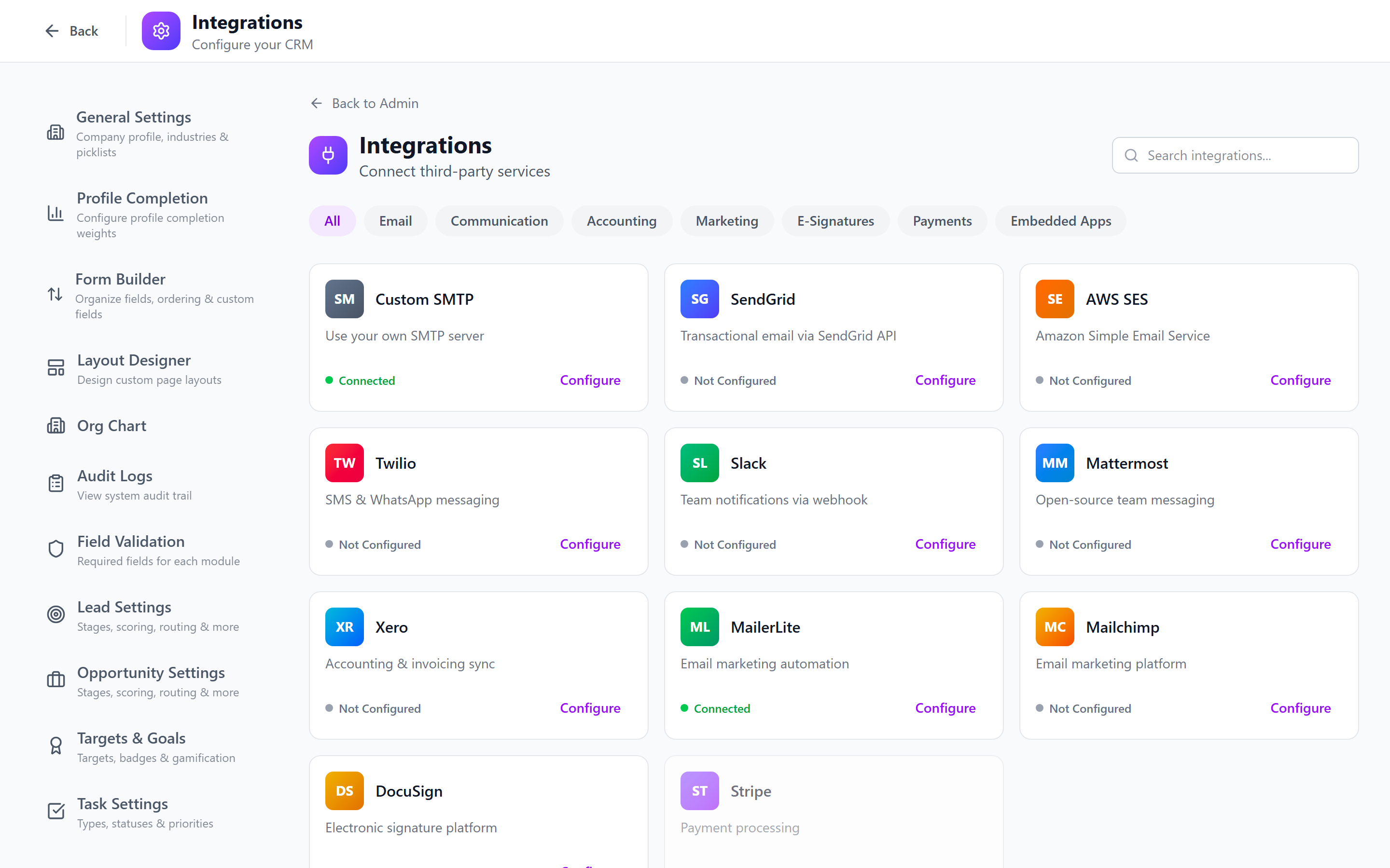 Screenshot: Integrations dashboard