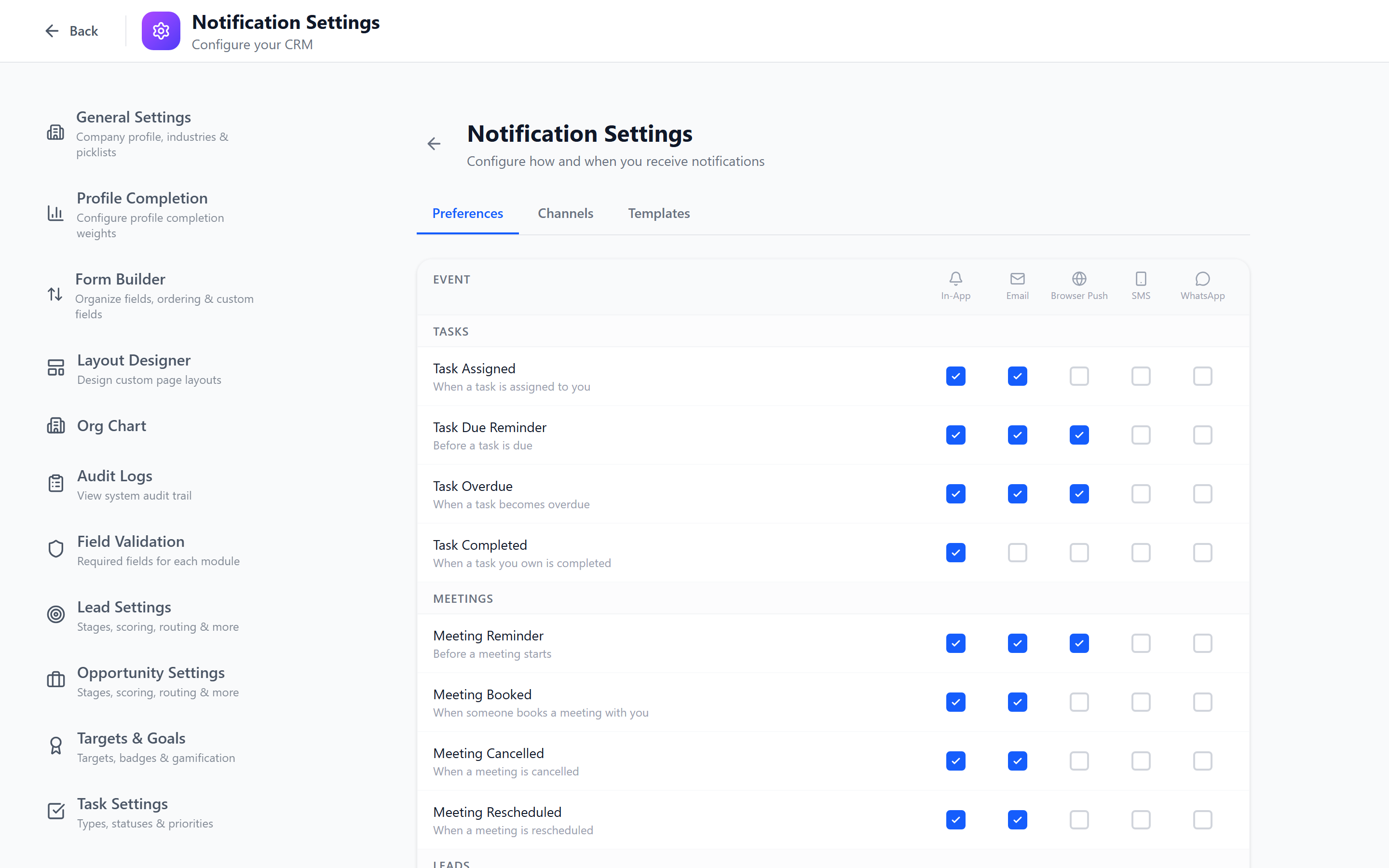 Screenshot: Notification preferences grid showing events as rows and channels as columns with toggles