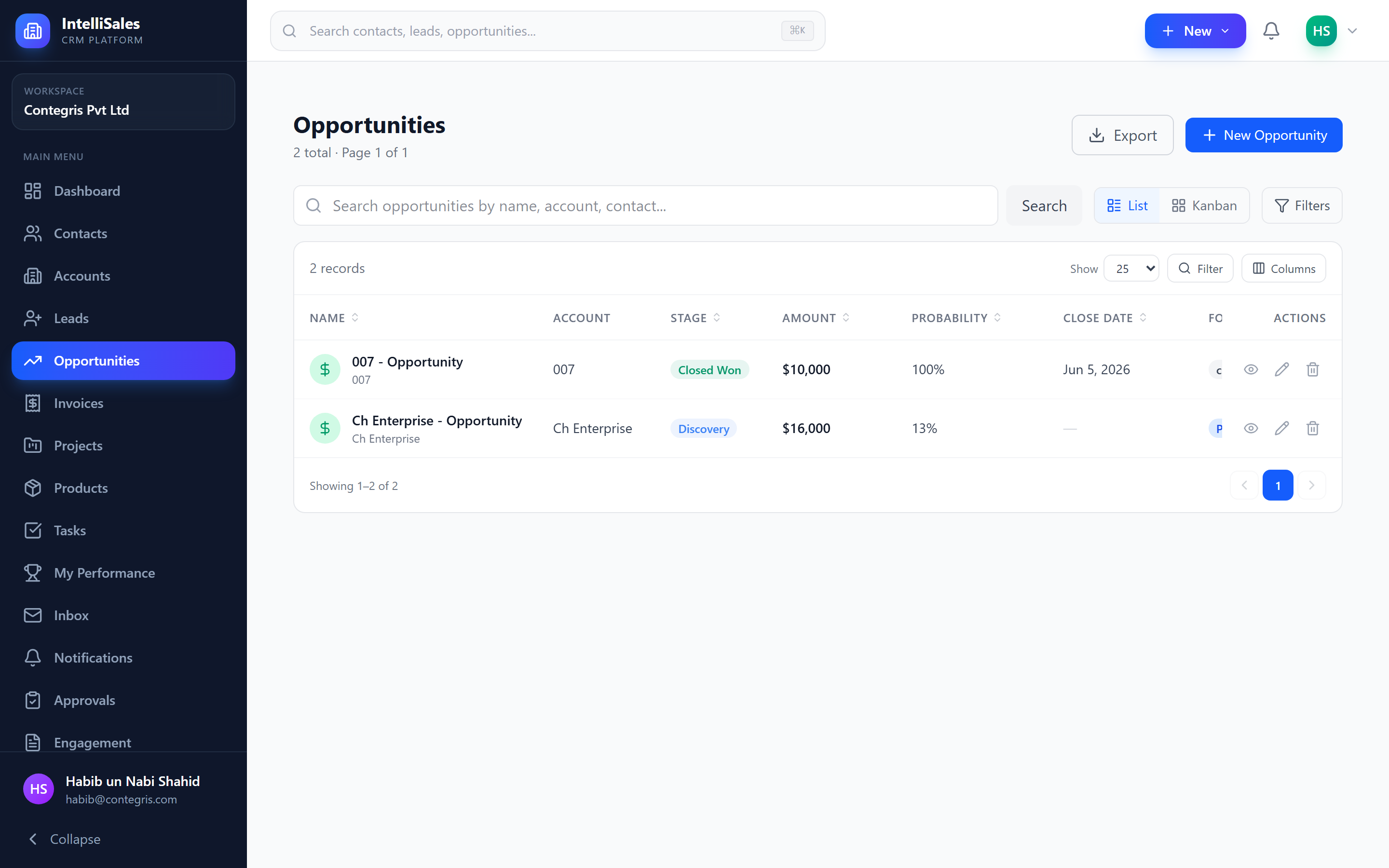 Screenshot: Opportunities module showing pipeline Kanban board with deal cards