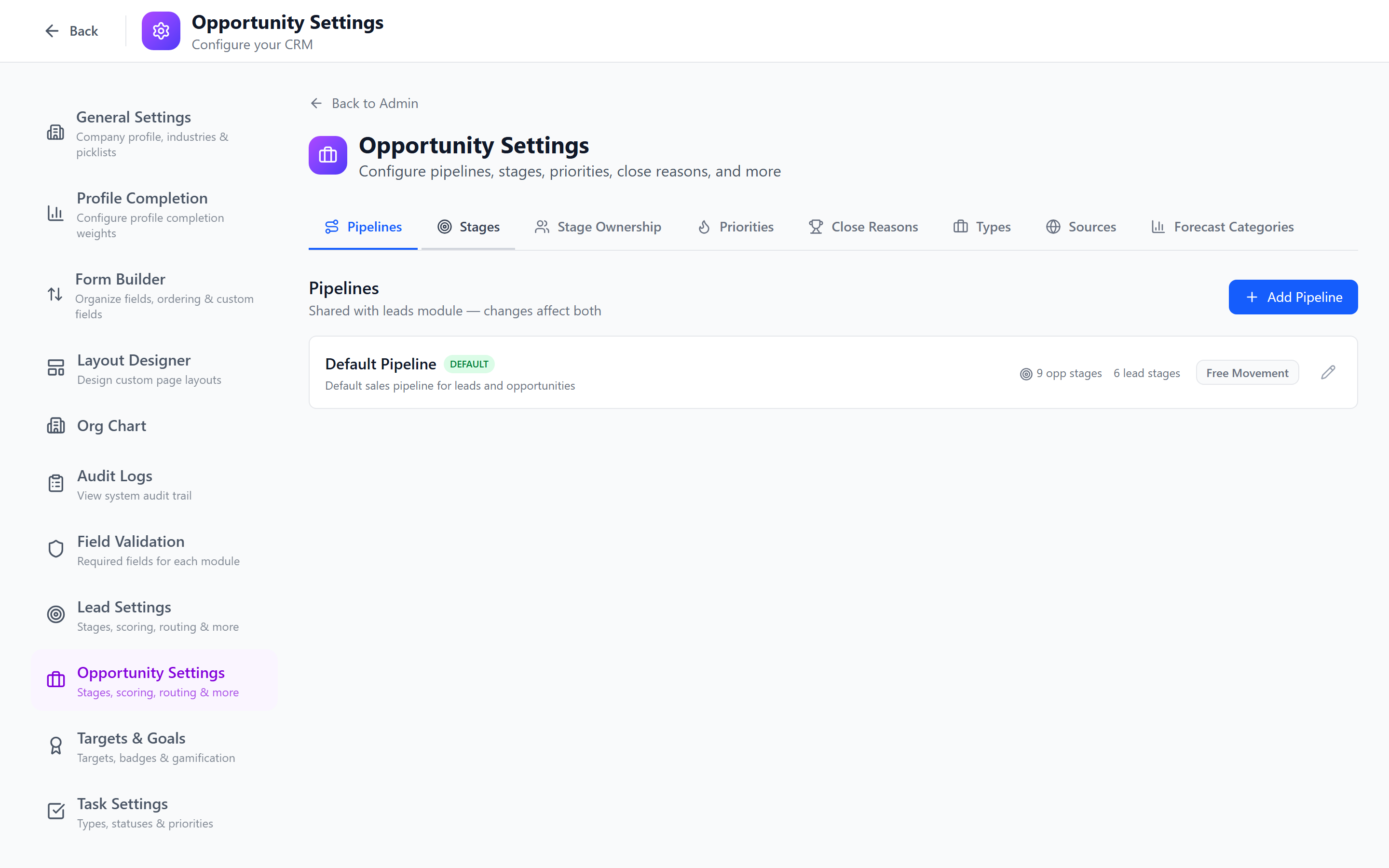 Screenshot: Opportunity Settings page with tabs