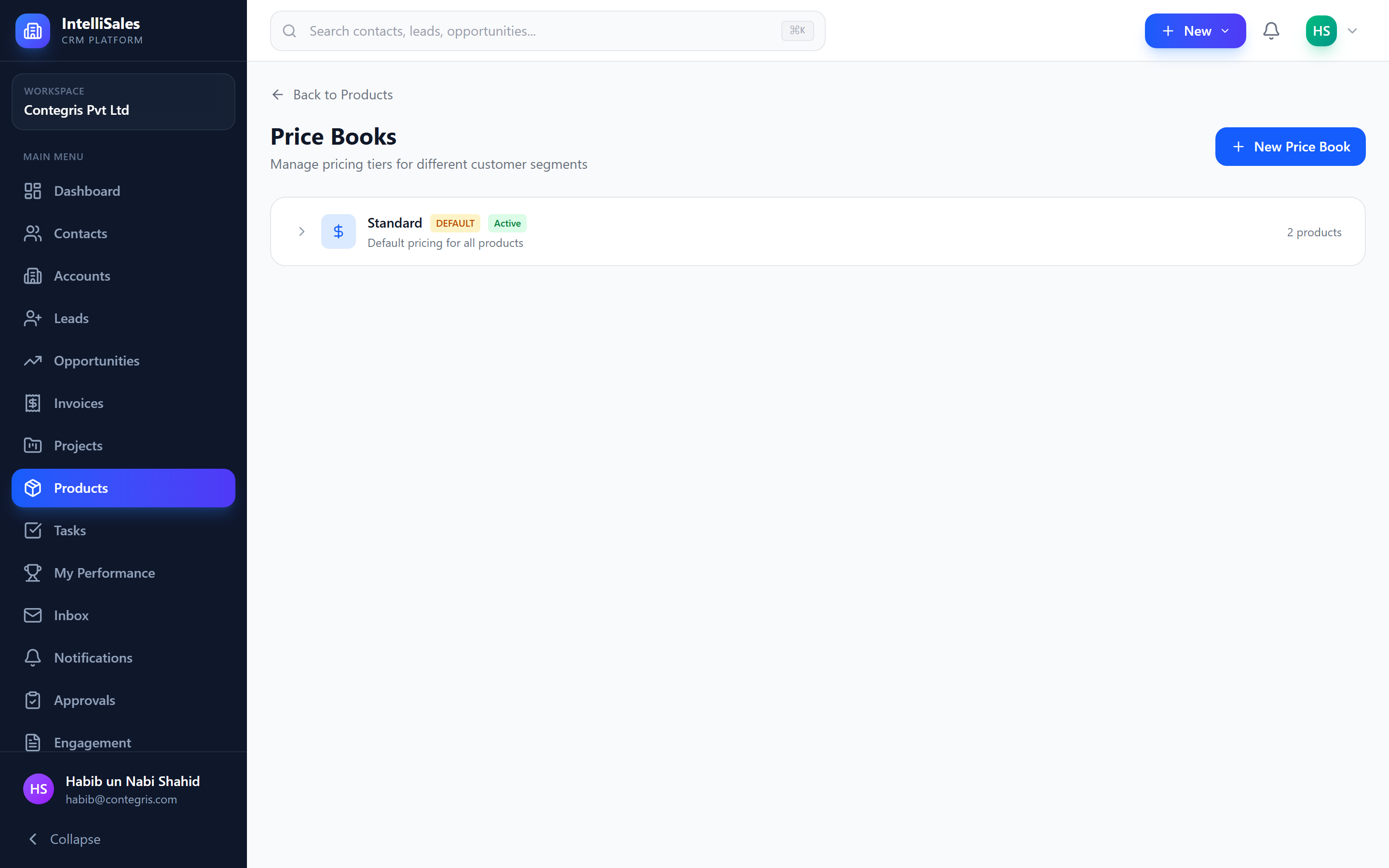 Screenshot: Price books list showing different price books with their effective dates and product counts