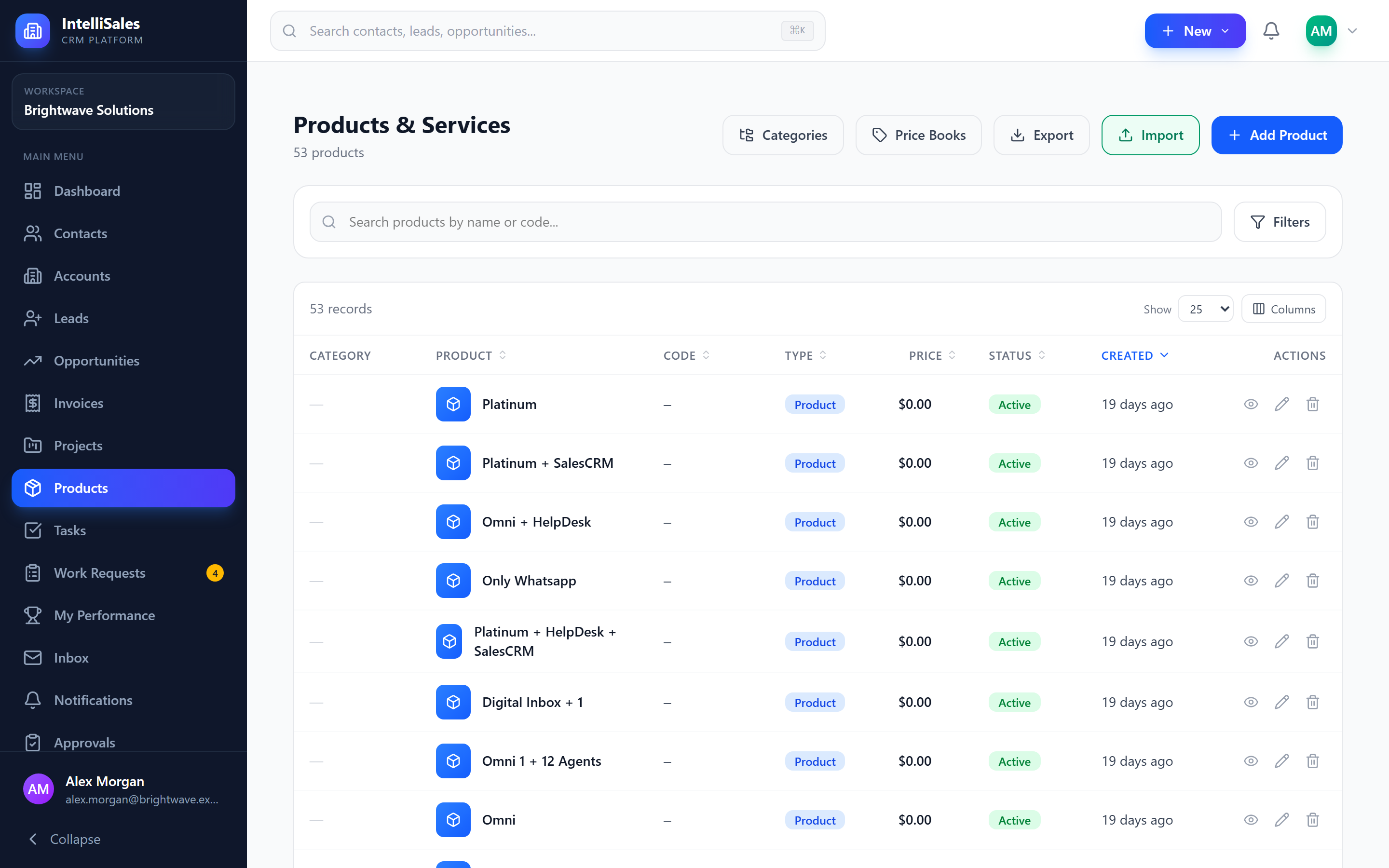 Screenshot: Products list header with the Export and Import buttons