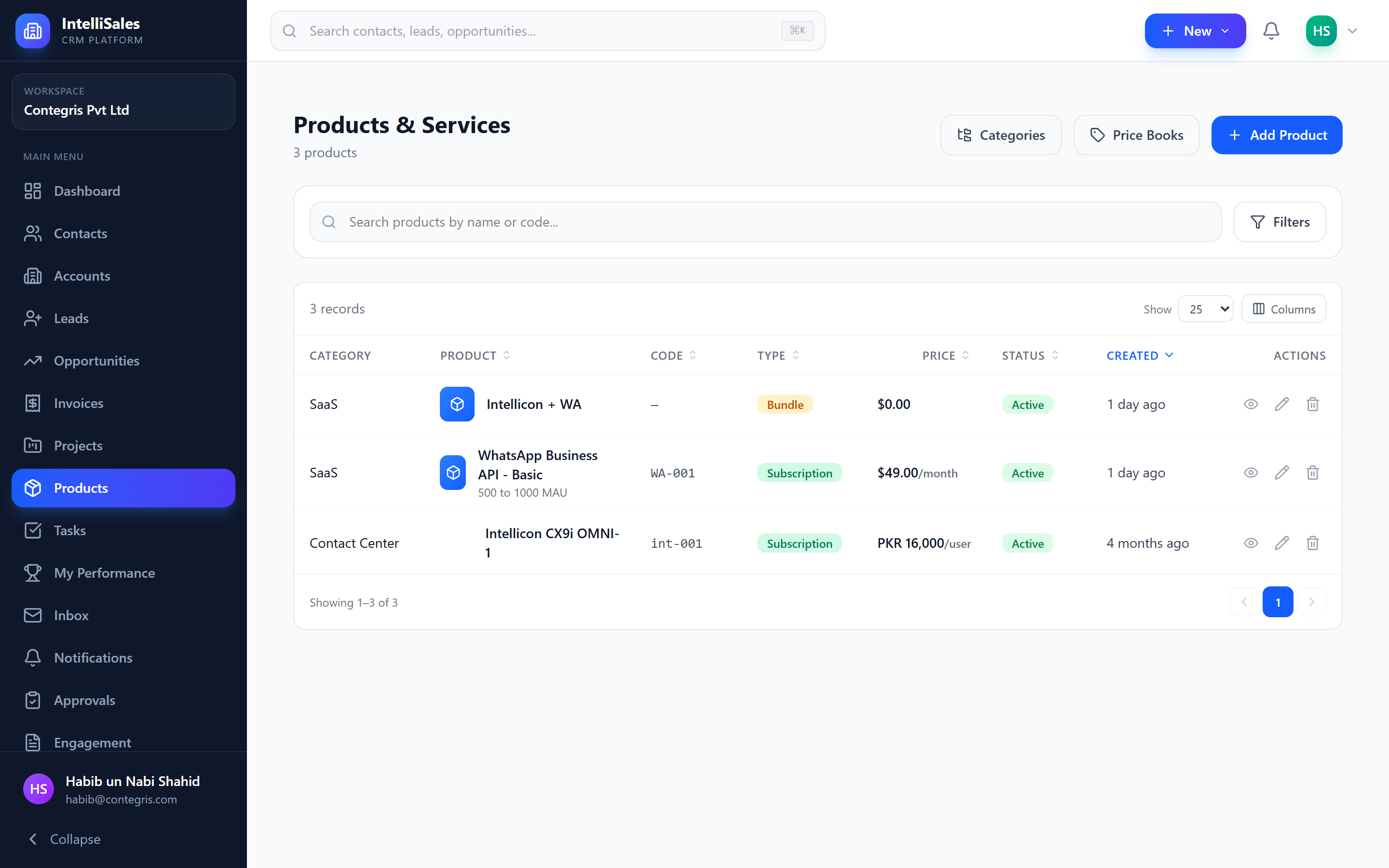 Screenshot: Products module list showing product cards with type, price, and status