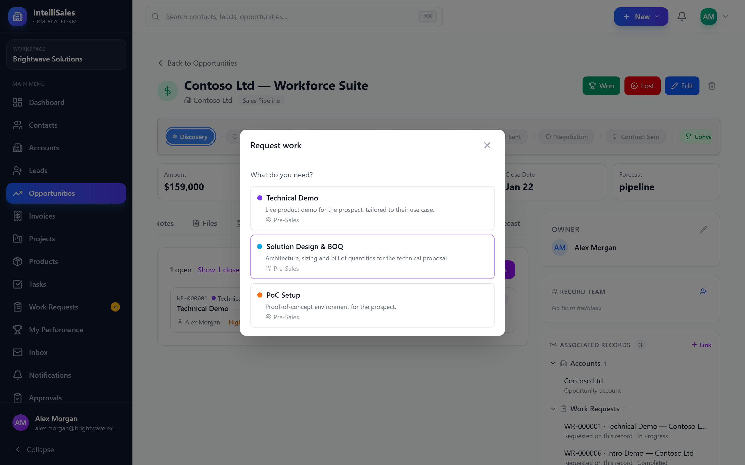 Screenshot: Request work form with title, details, priority, needed-by date and request-type questions