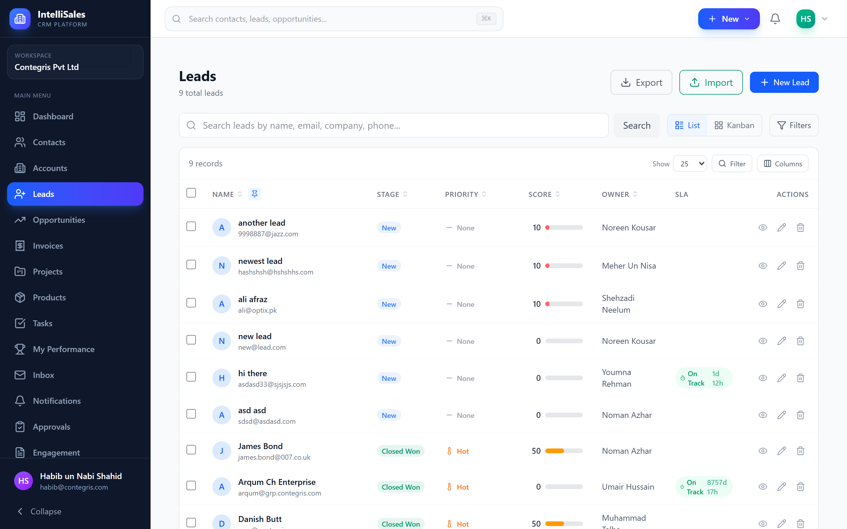 Screenshot: Lead list showing SLA indicators — green, yellow, and red badges on different leads