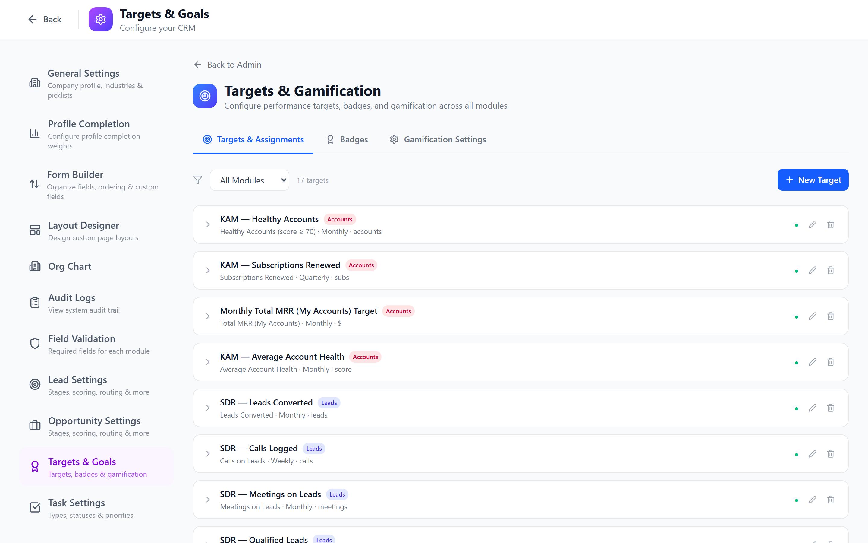 Screenshot: Targets setup page