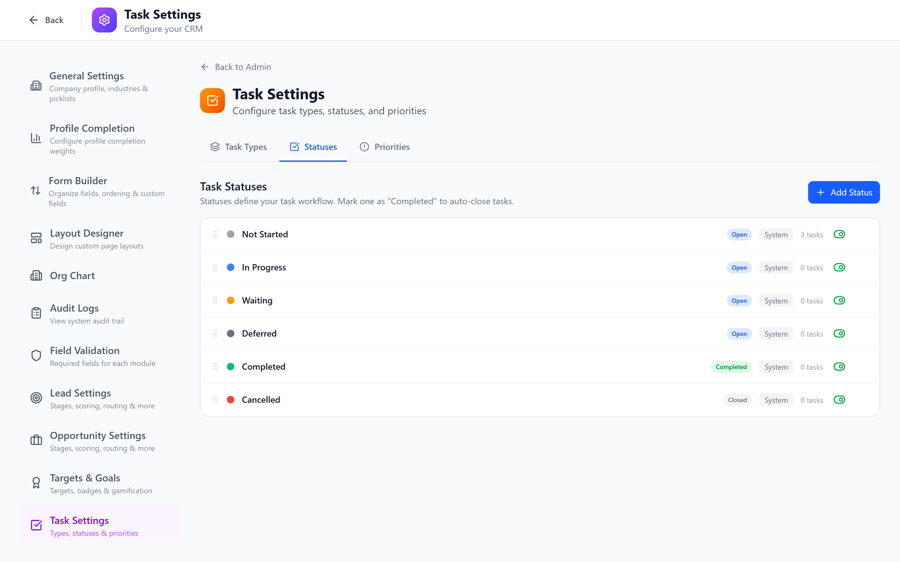 Screenshot: Task statuses with color coding