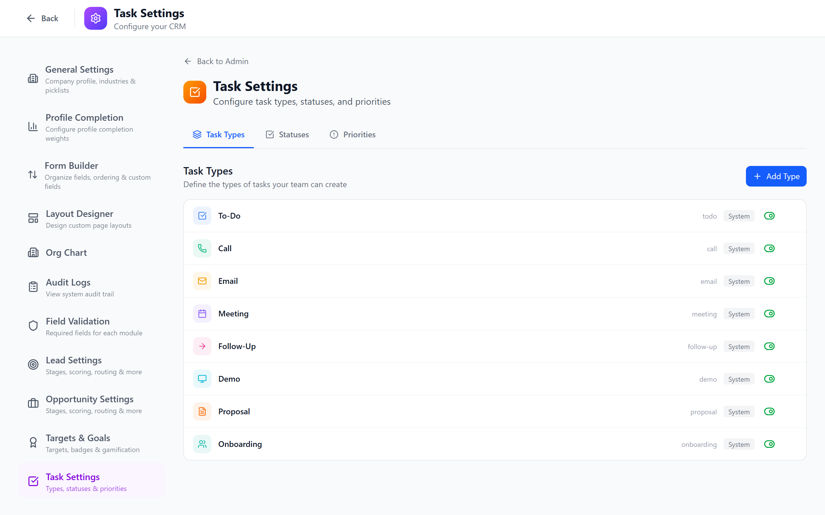 Screenshot: Task types configuration