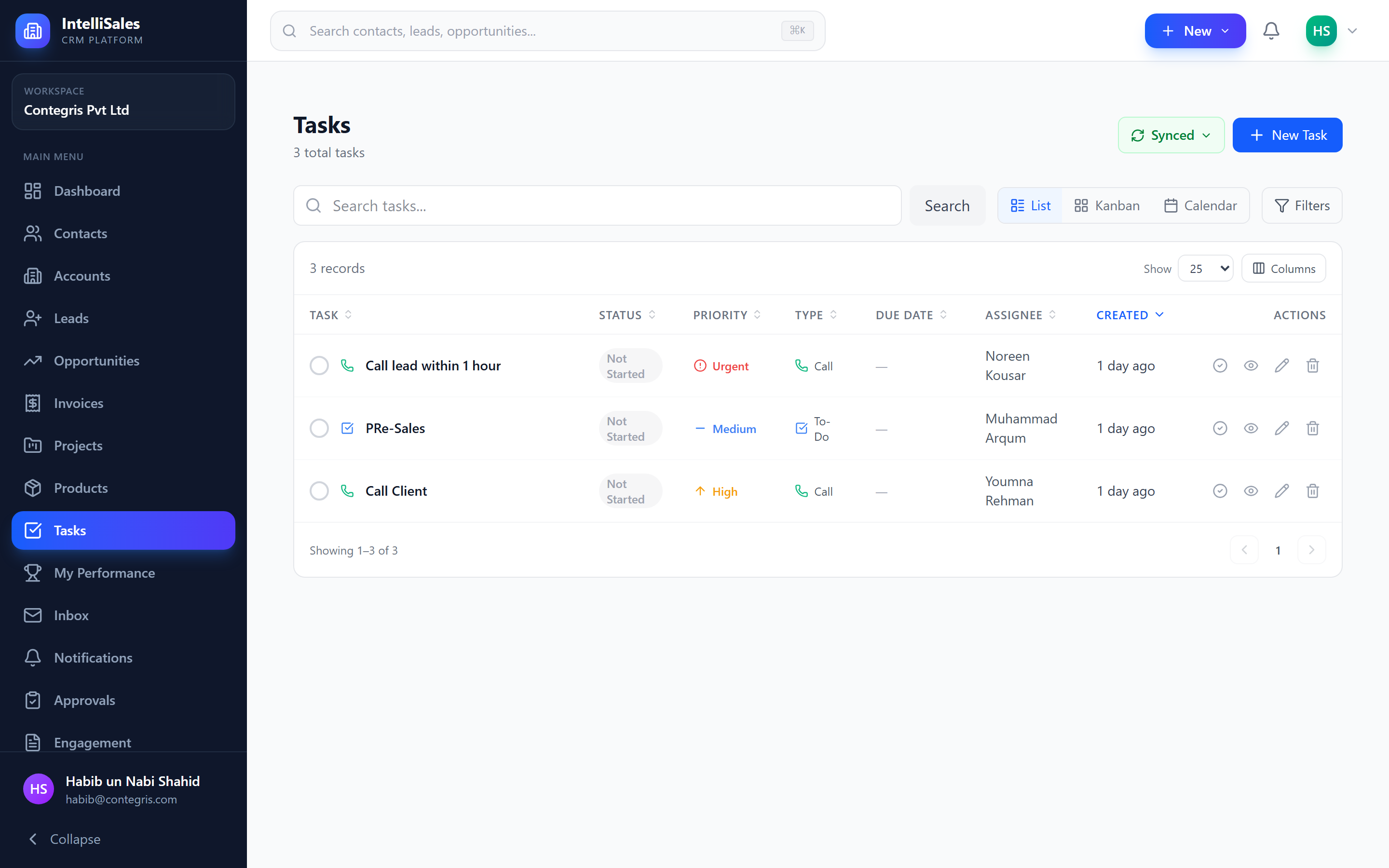 Screenshot: Tasks module showing a mix of task types with status and priority indicators