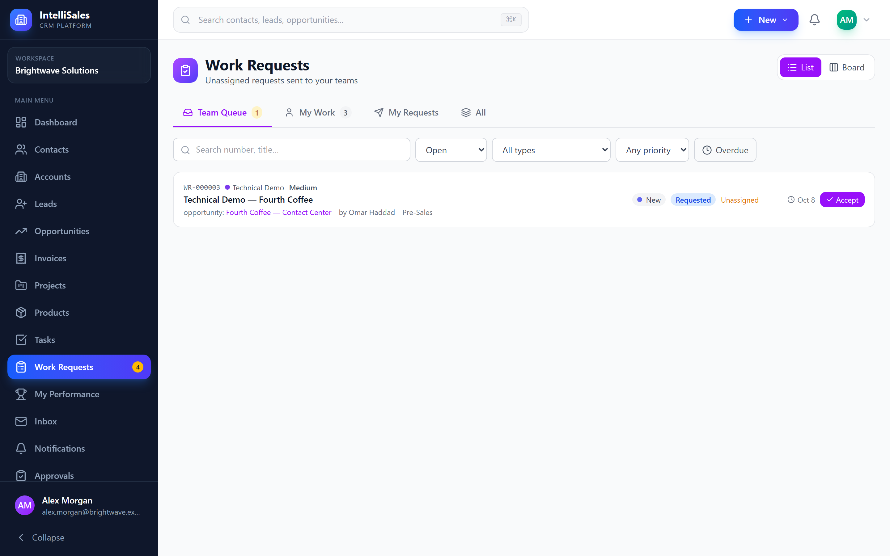 Screenshot: Team Queue view with unassigned requests and Accept buttons
