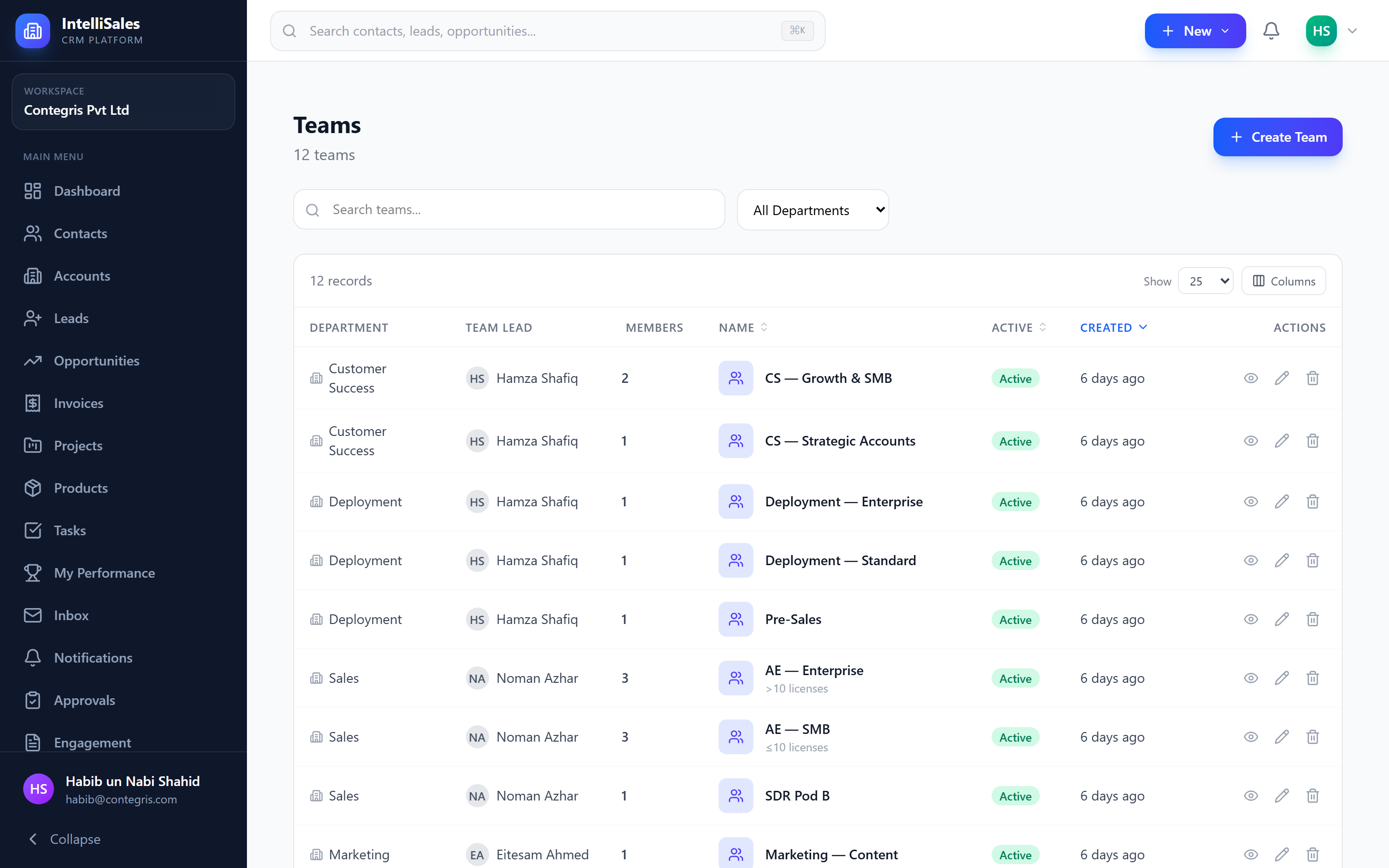 Screenshot: Teams management page
