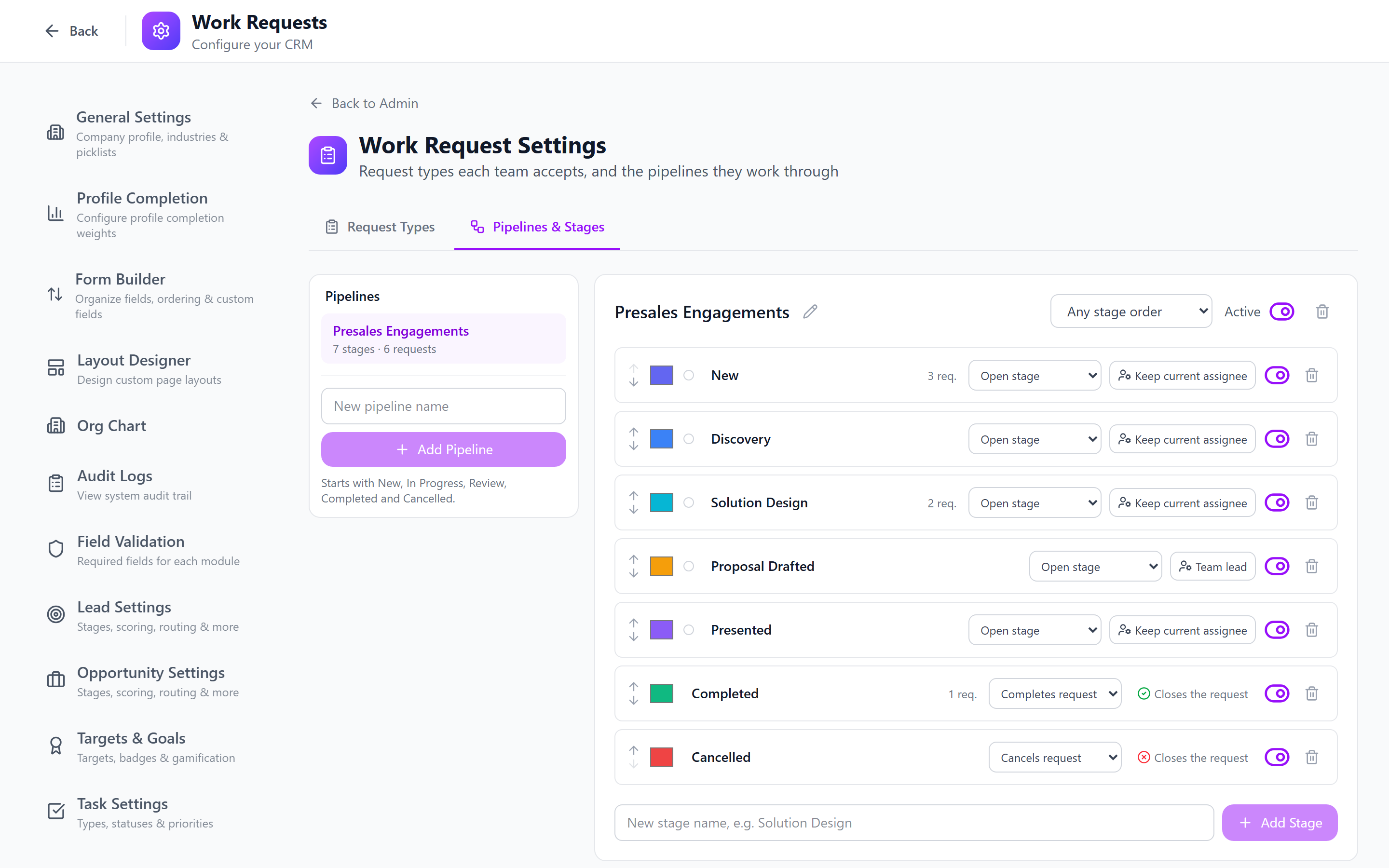 Screenshot: Work Request Settings — Pipelines &amp; Stages tab