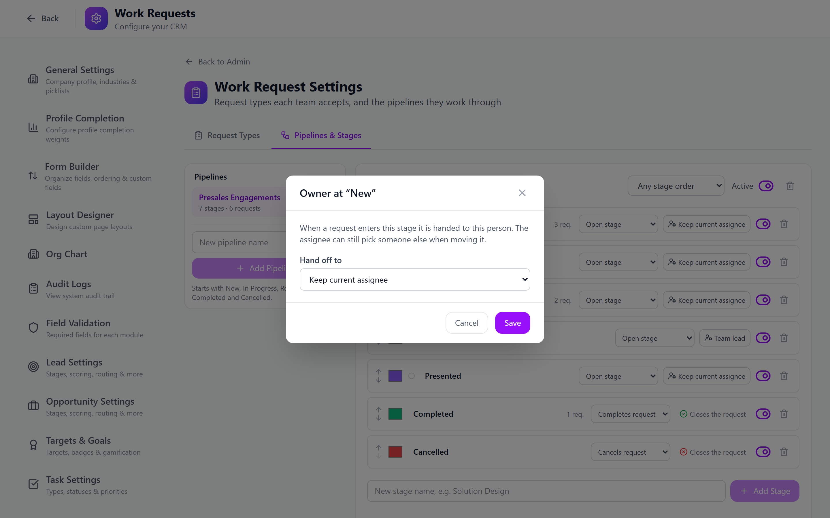 Screenshot: Stage owner rule for a work-request stage
