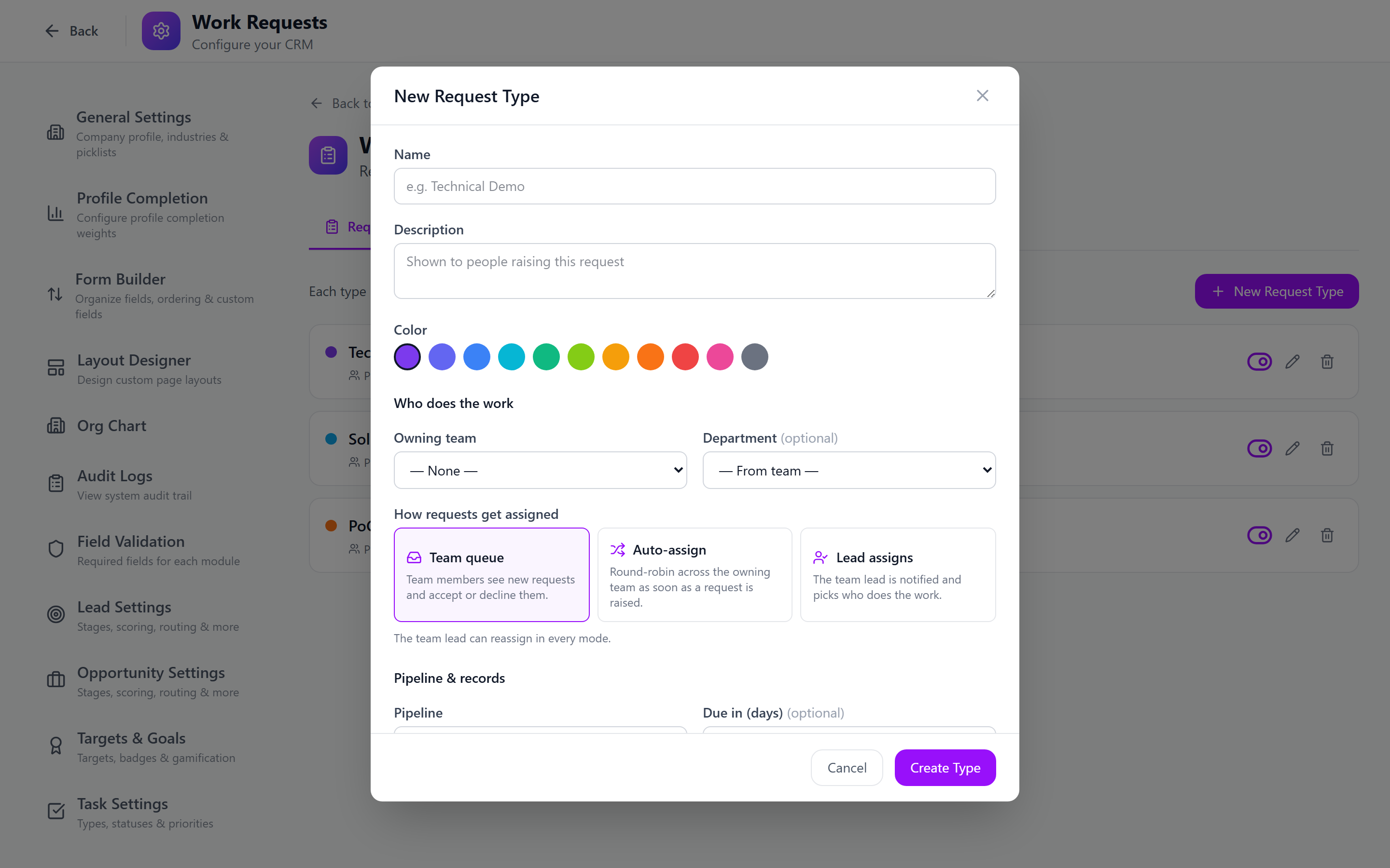 Screenshot: New Request Type modal