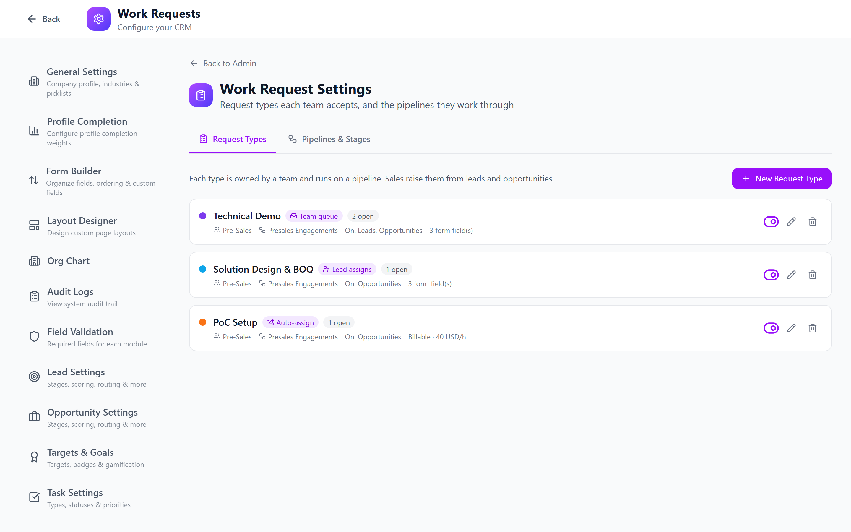 Screenshot: Work Request Settings — Request Types tab