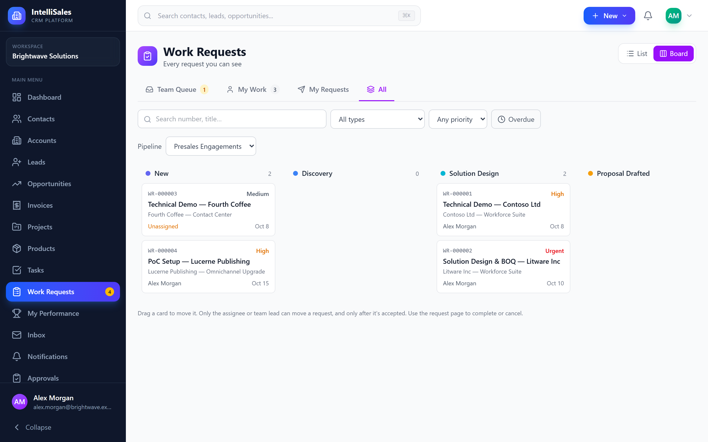 Screenshot: Work request board with stage columns and request cards