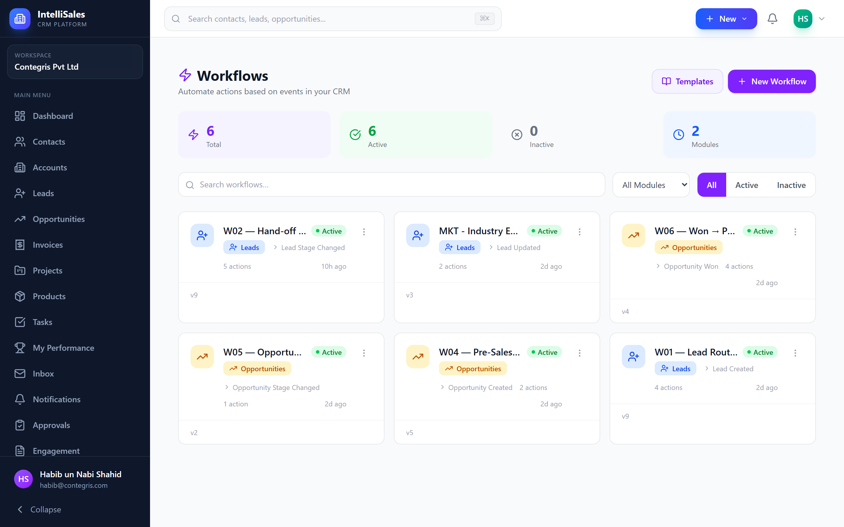 Screenshot: Workflow list showing workflows with status, trigger type, and run count